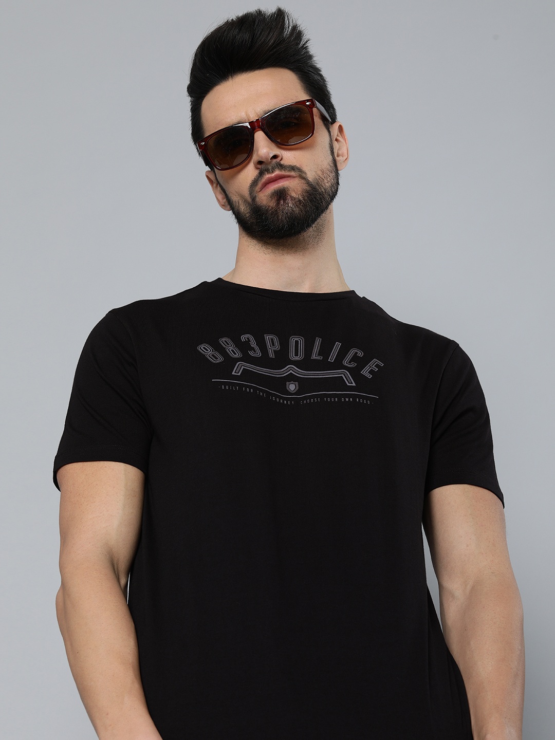 

883 Police Men Black Brand Logo Printed Cotton T-shirt