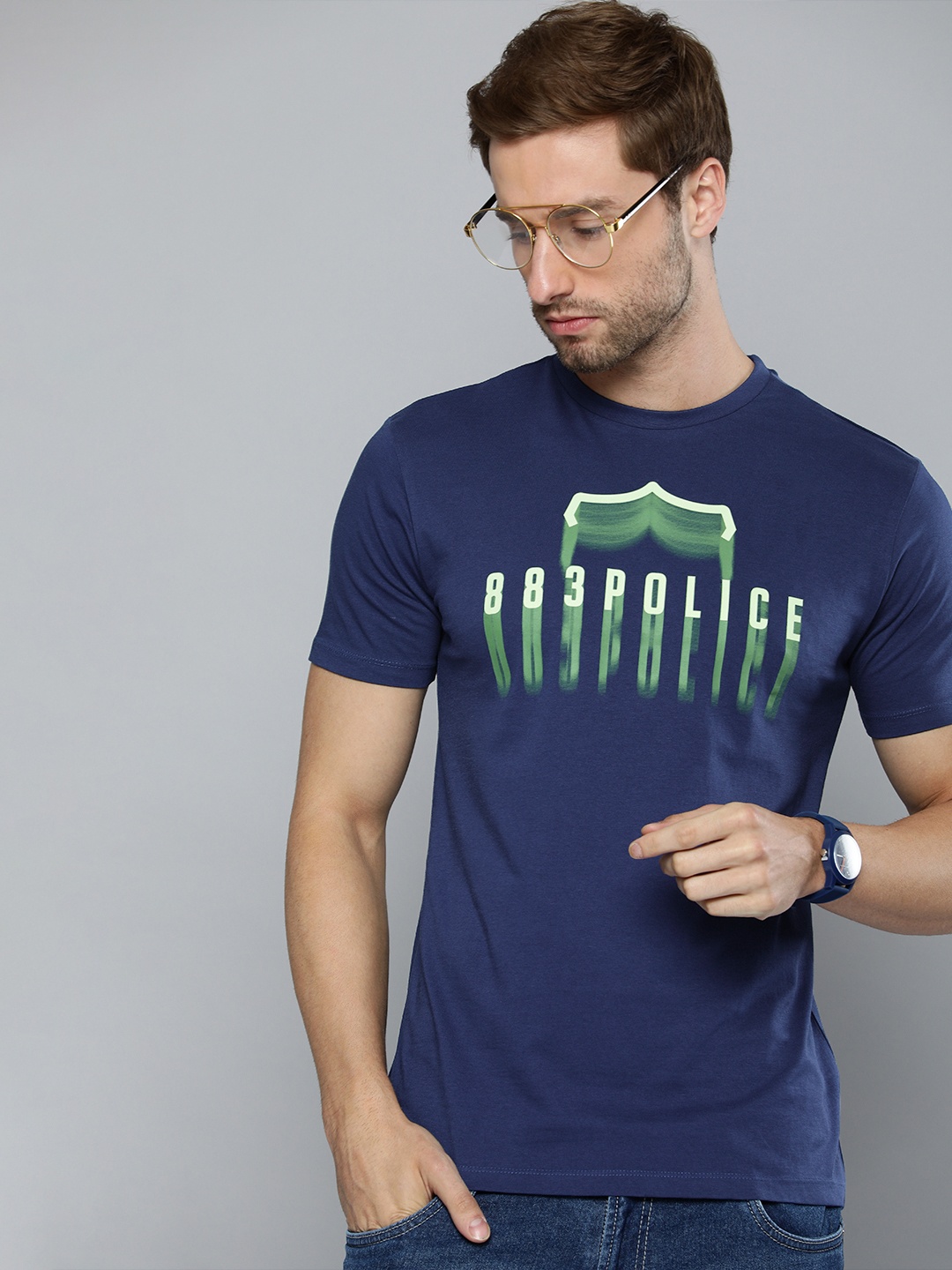 

883 Police Men Navy Blue & Green Typography Printed Cotton T-shirt