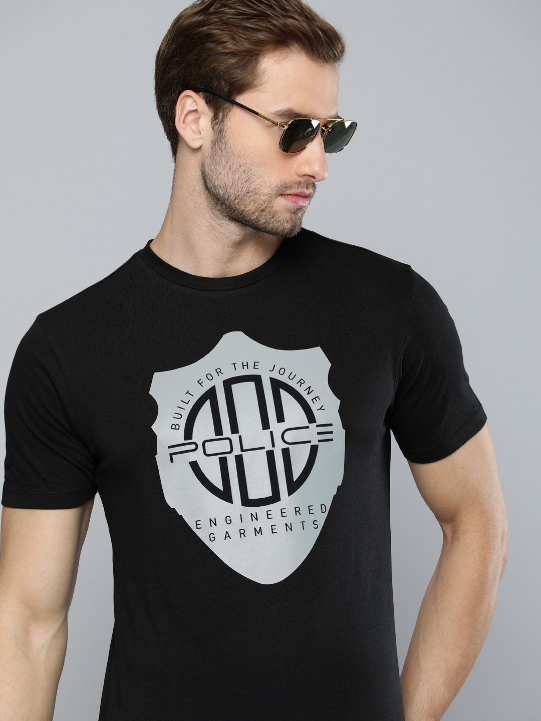 

883 Police Men Black & Silver Brand Logo Print Cotton T-shirt