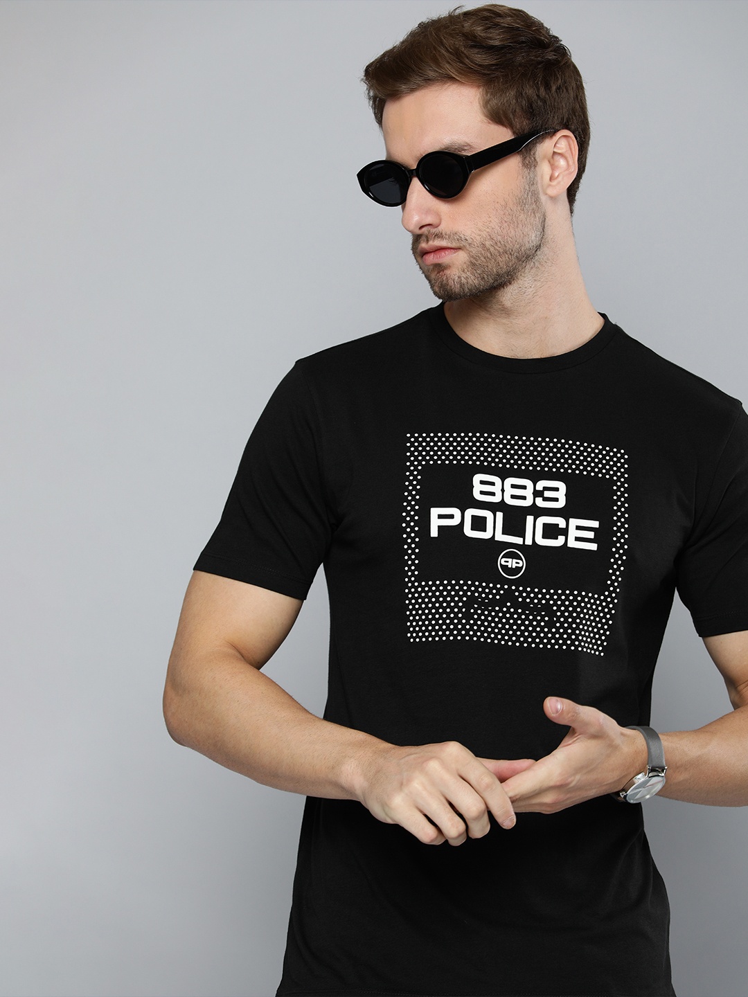 

883 Police Men Black & White Brand Logo Printed Outdoor T-shirt