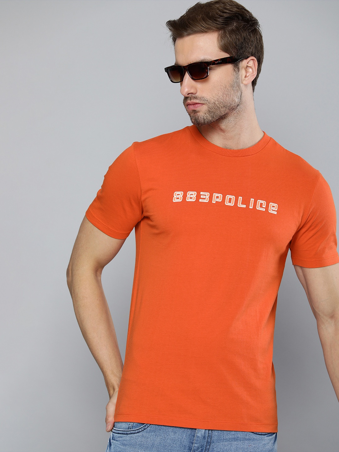 

883 Police Men Orange & White Typography Printed Cotton T-shirt