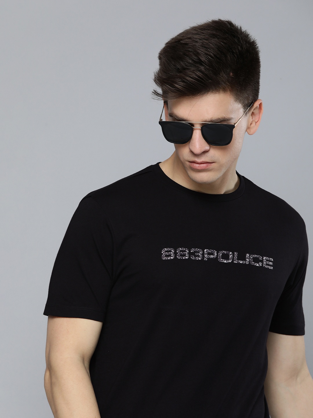 

883 Police Men Black Brand Logo Printed Pure Cotton T-shirt