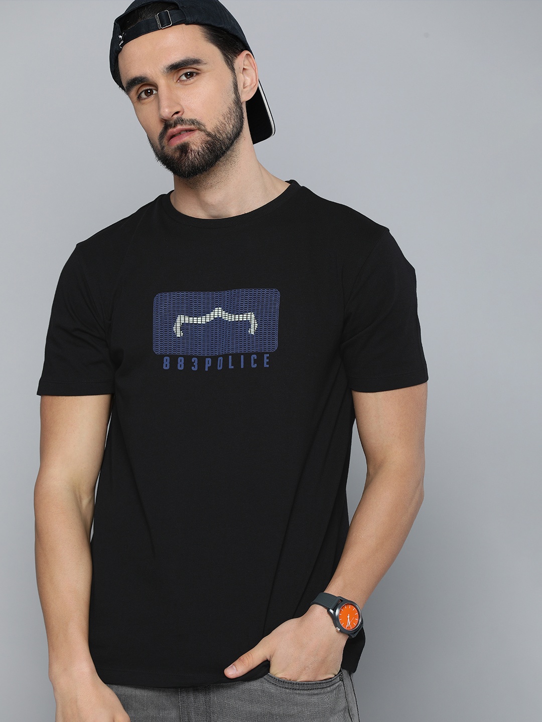 

883 Police Men Black & Blue Brand Logo Printed Cotton T-shirt