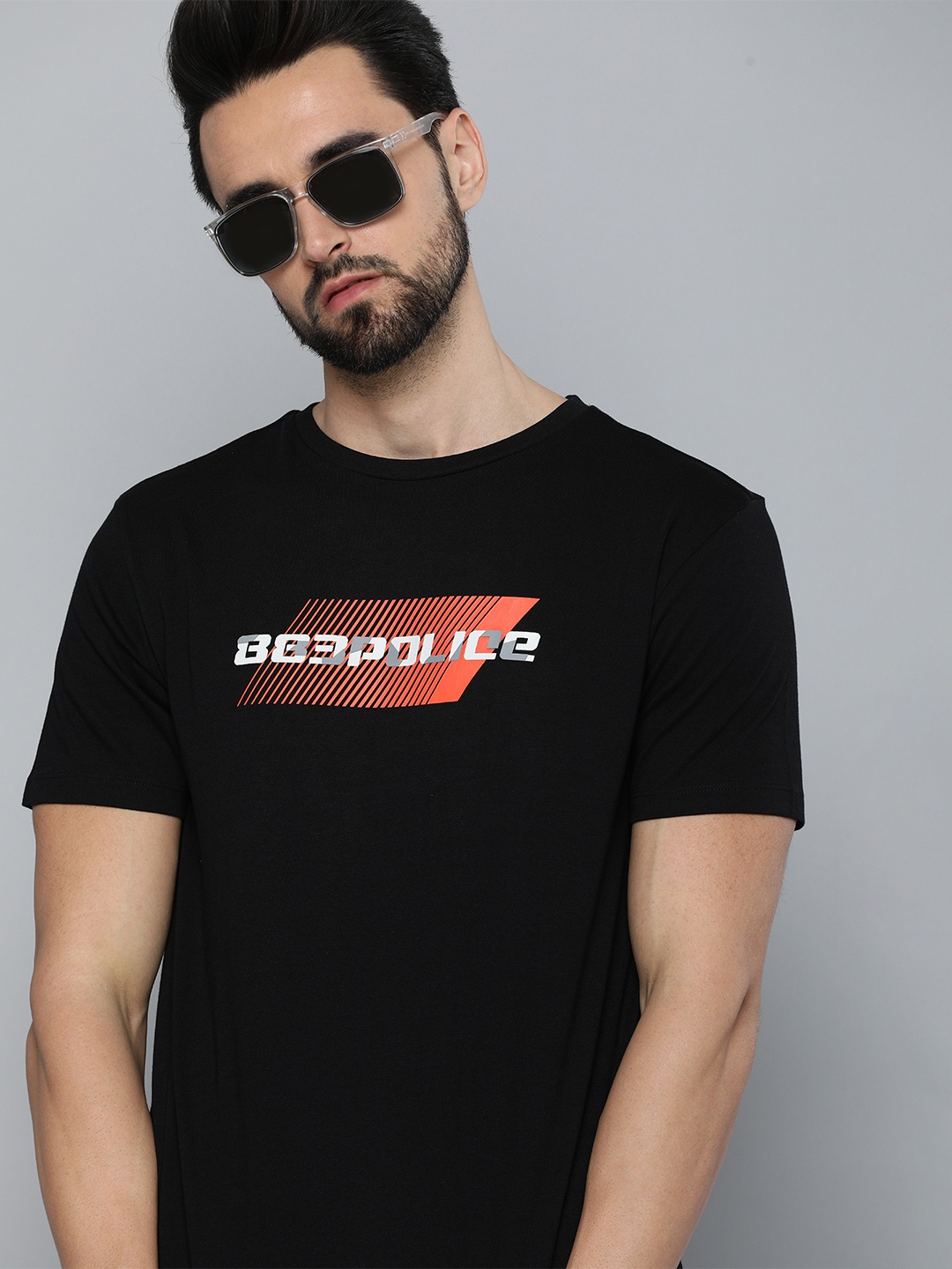 

883 Police Men Black & Red Brand Logo Printed Cotton T-shirt