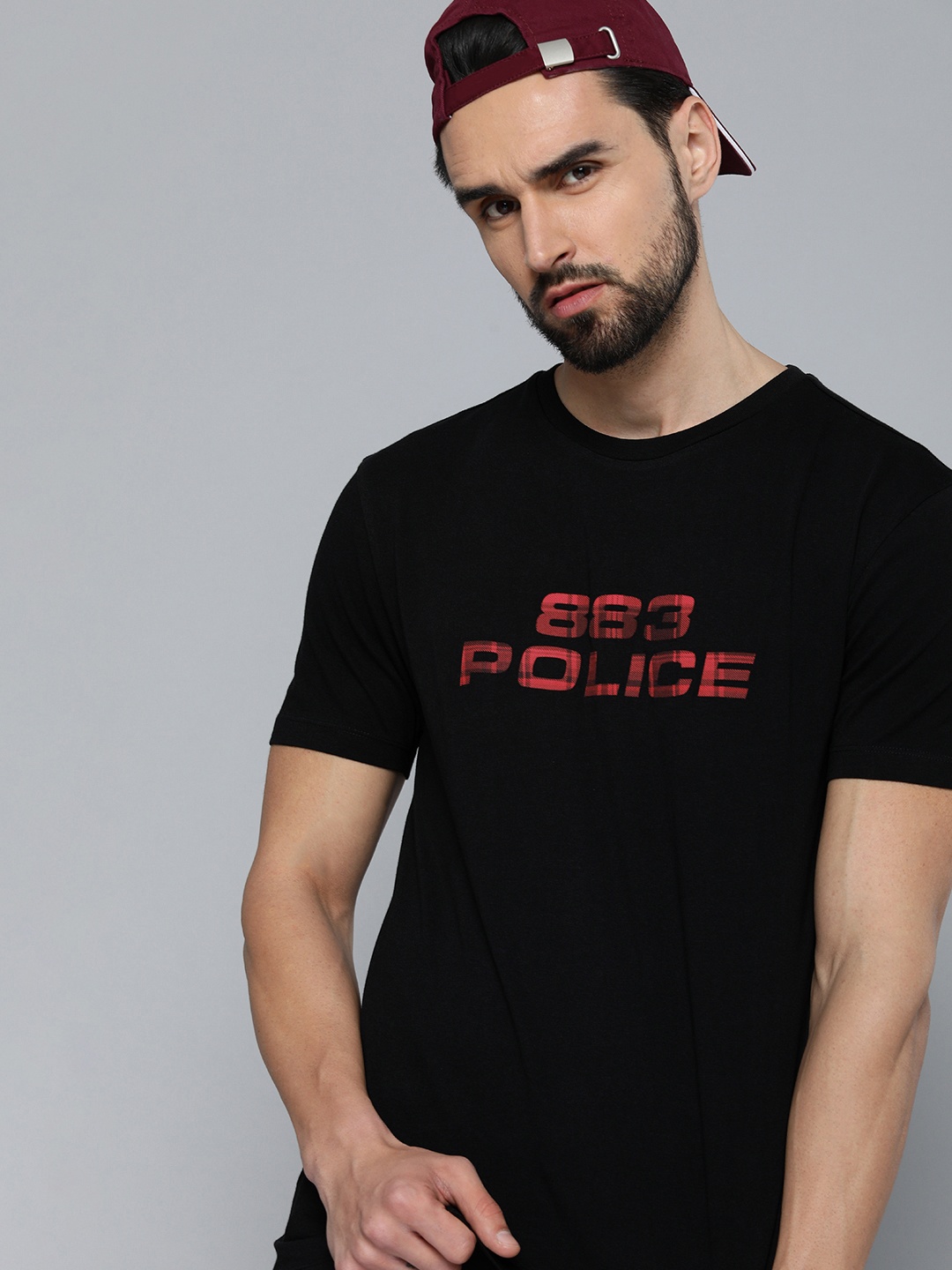 

883 Police Men Black & Red Brand Logo Printed Cotton T-shirt