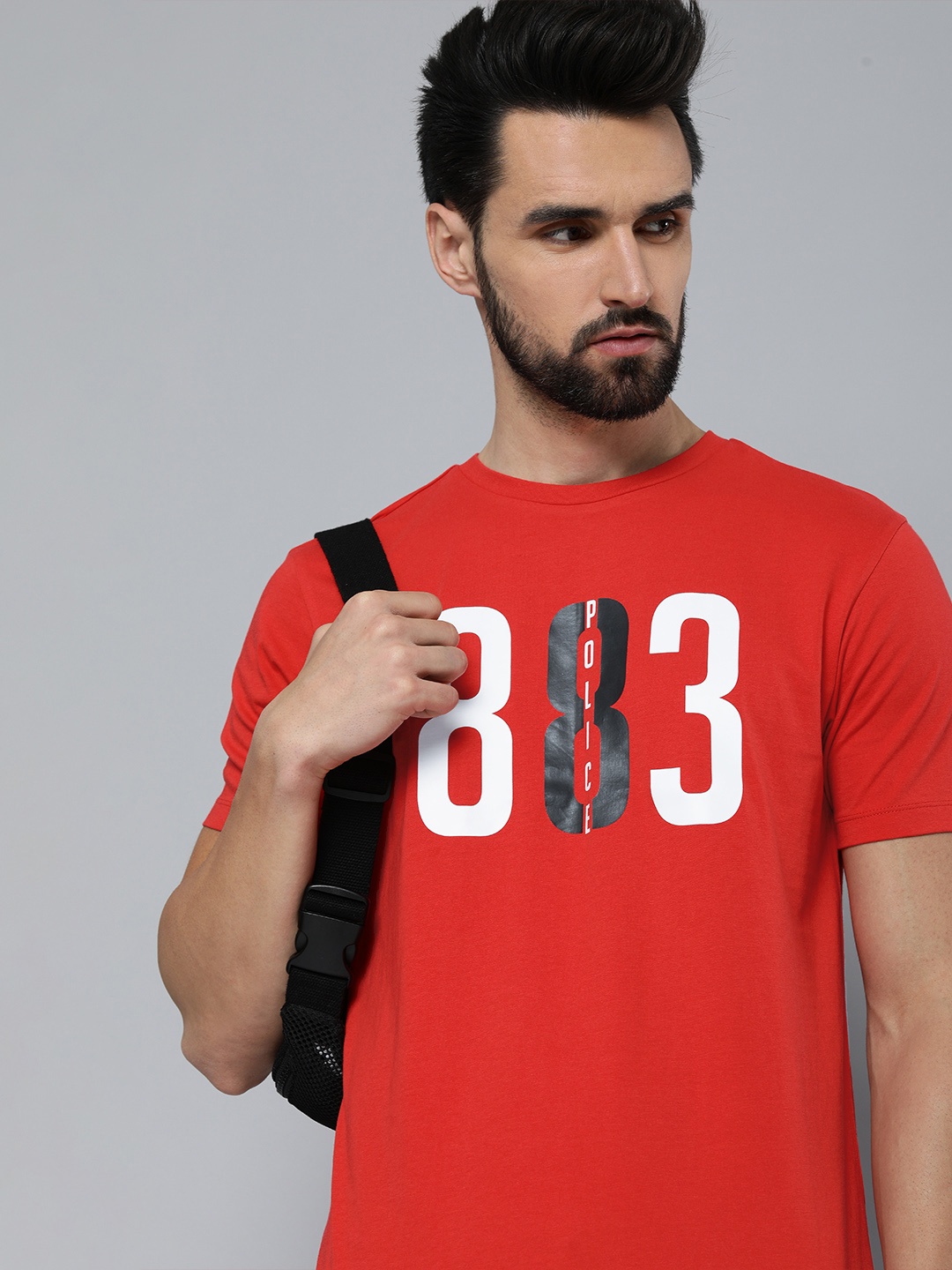 

883 Police Men Red & White Brand Logo Print Cotton T-shirt