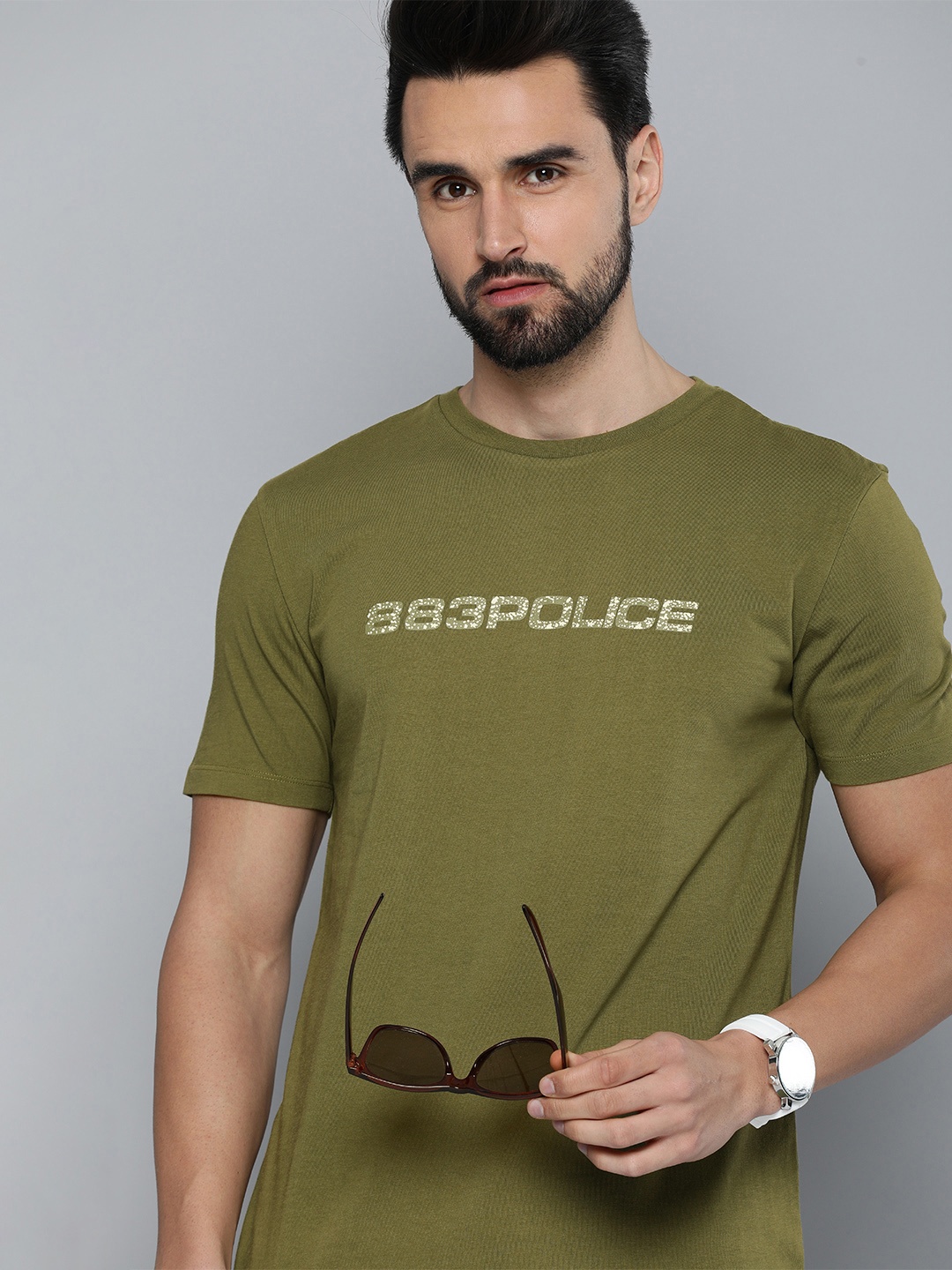 

883 Police Men Olive Green Brand Logo Printed Cotton T-shirt