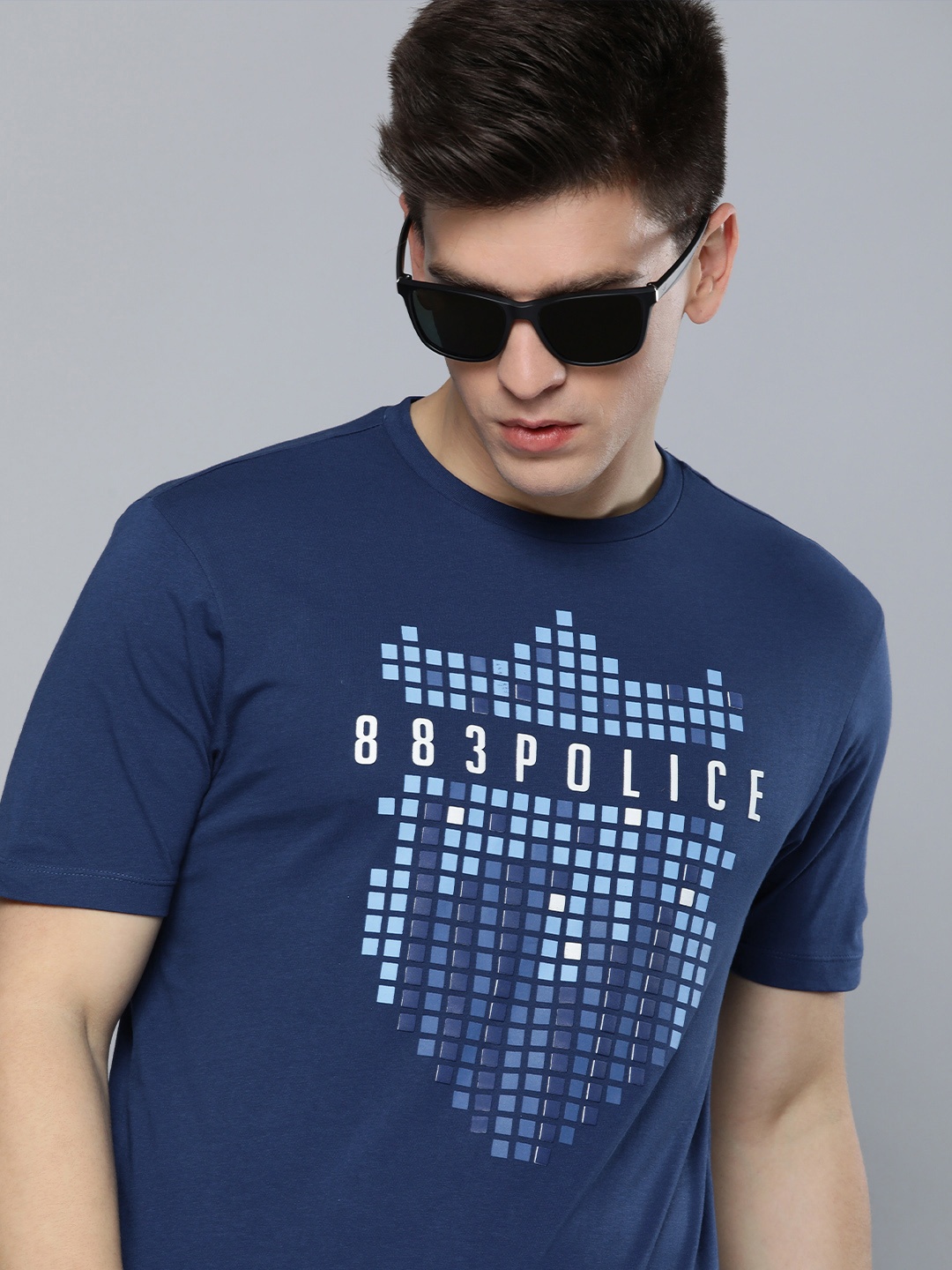 

883 Police Men Teal & White Brand Logo Print Cotton T-shirt