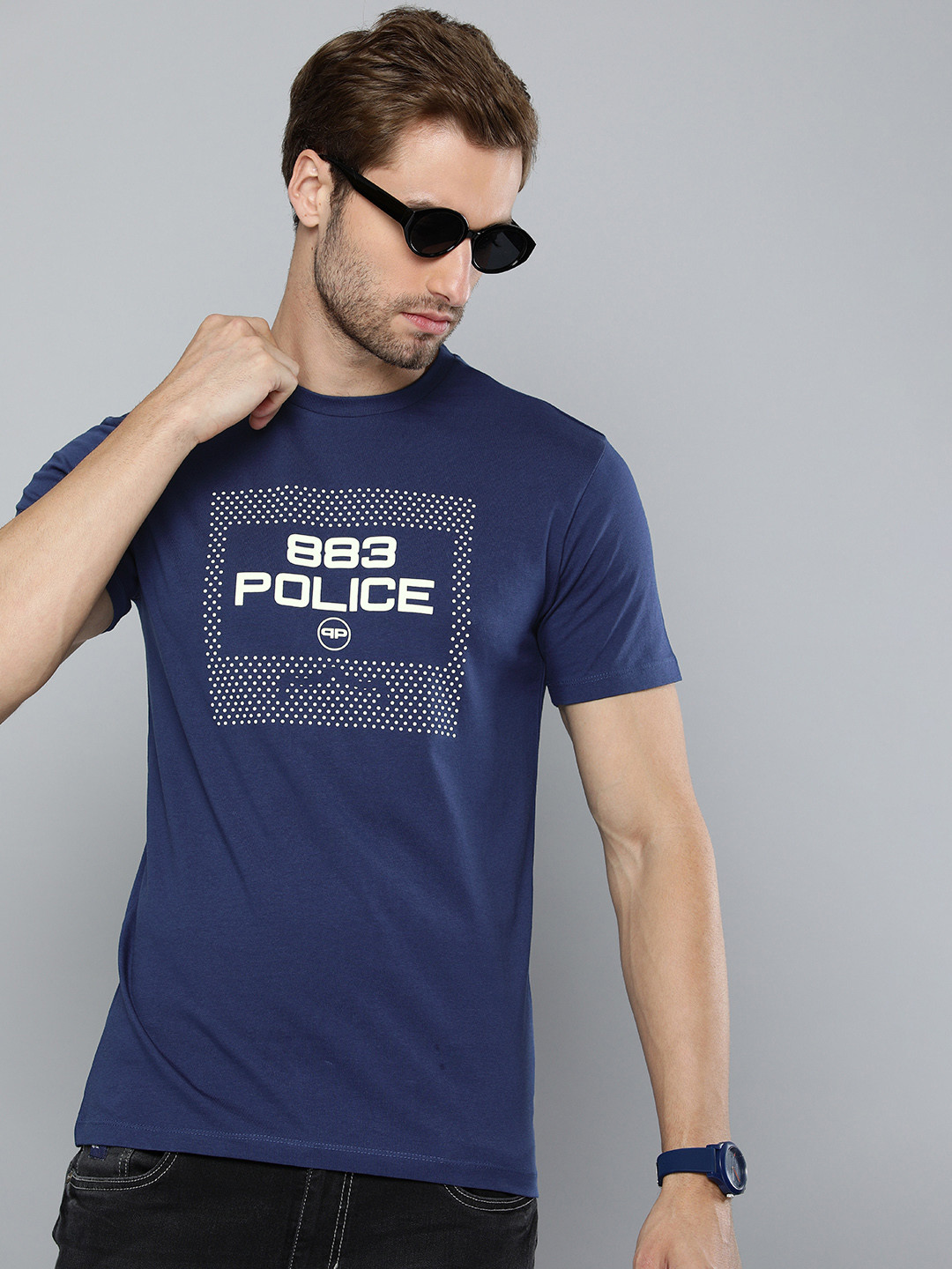 

883 Police Men Navy Blue & White Brand Logo Printed Cotton T-shirt