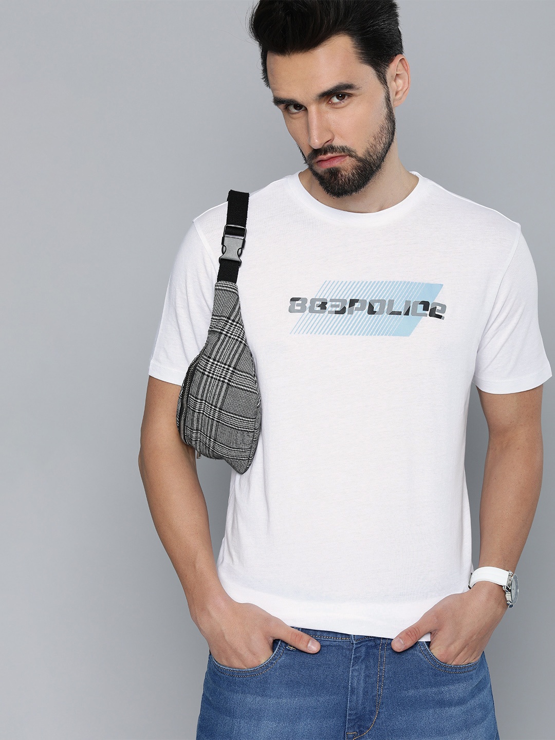 

883 Police Men White & Black Brand Logo Printed Cotton T-shirt