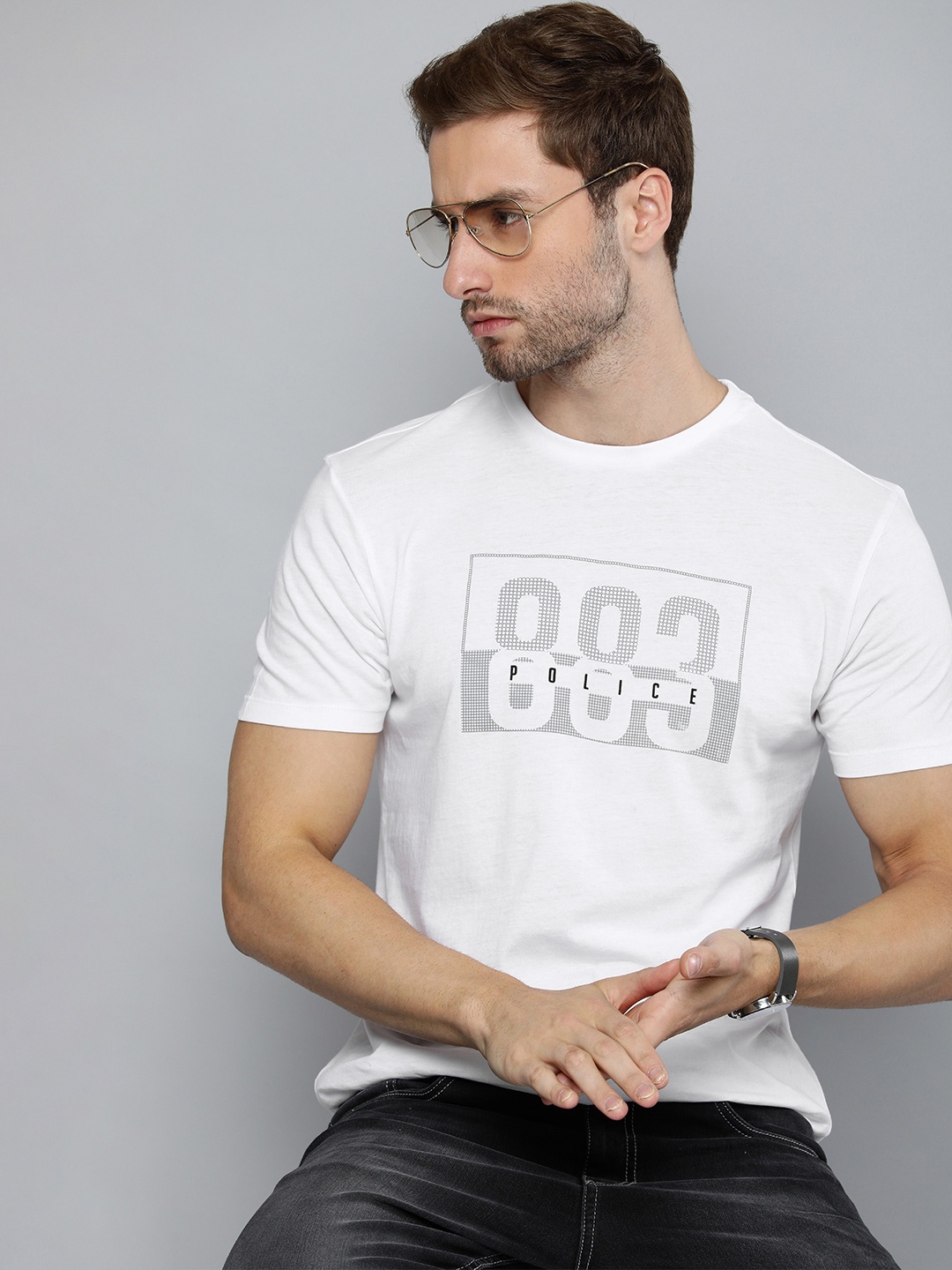 

883 Police Men White & Grey Brand Logo Printed T-shirt
