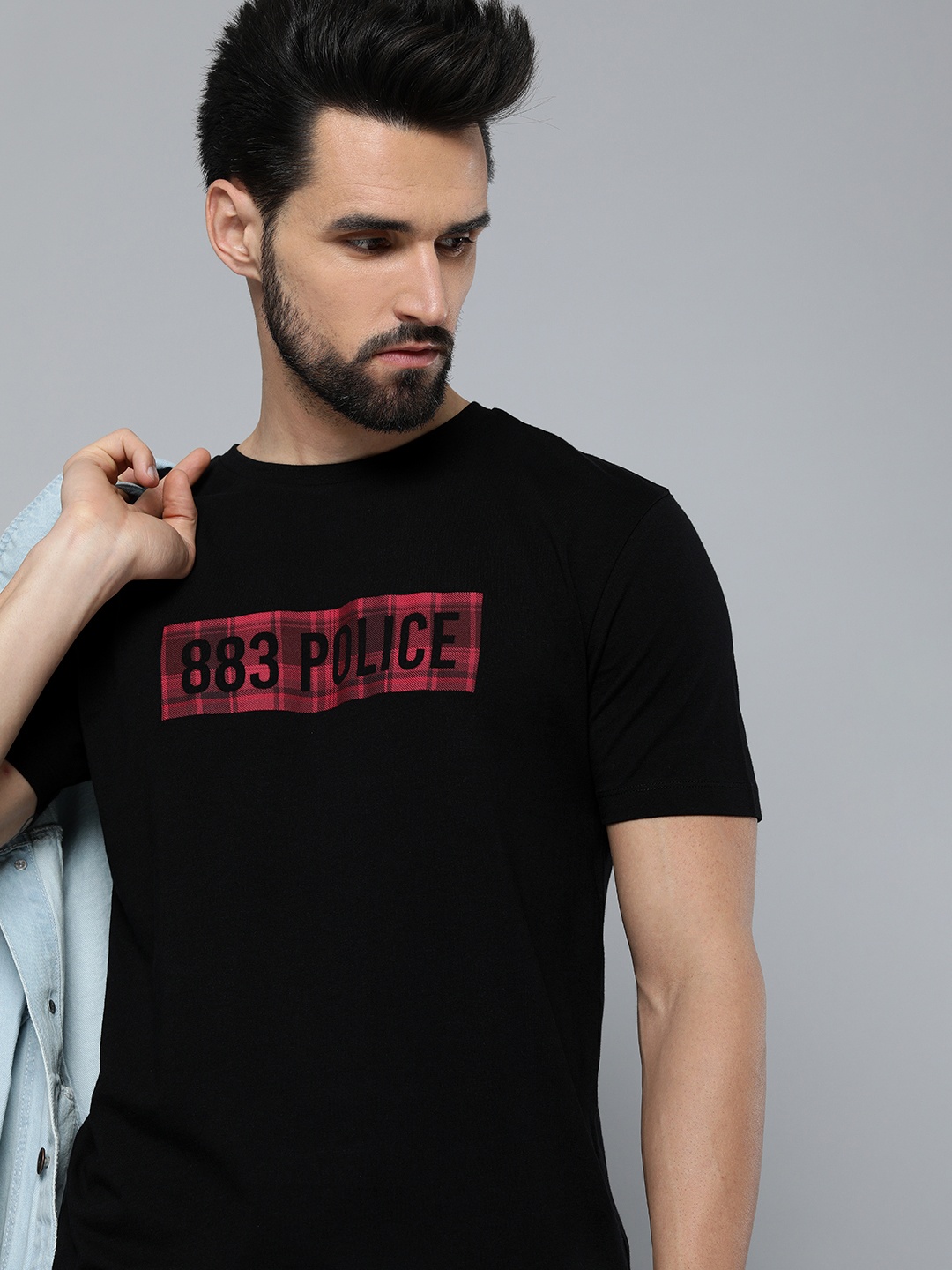 

883 Police Men Black & Red Brand Logo Printed Cotton T-shirt