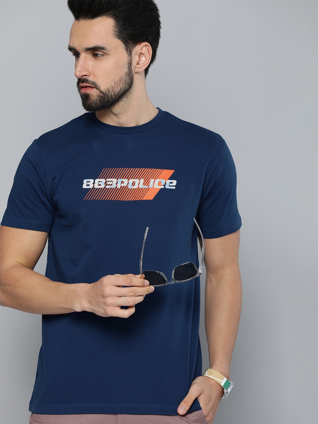 

883 Police Men Navy Blue & White Brand Logo Printed Cotton T-shirt