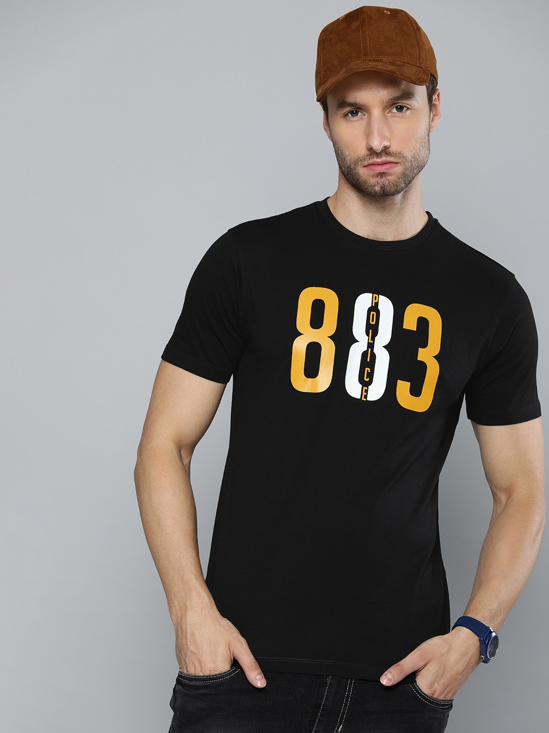 

883 Police Men Black Brand Logo Printed Cotton T-shirt