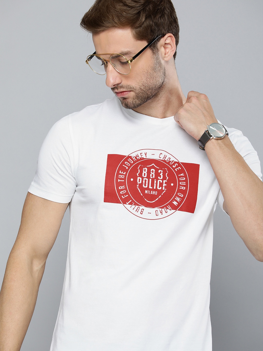 

883 Police Men White & Red Typography Printed Outdoor T-shirt