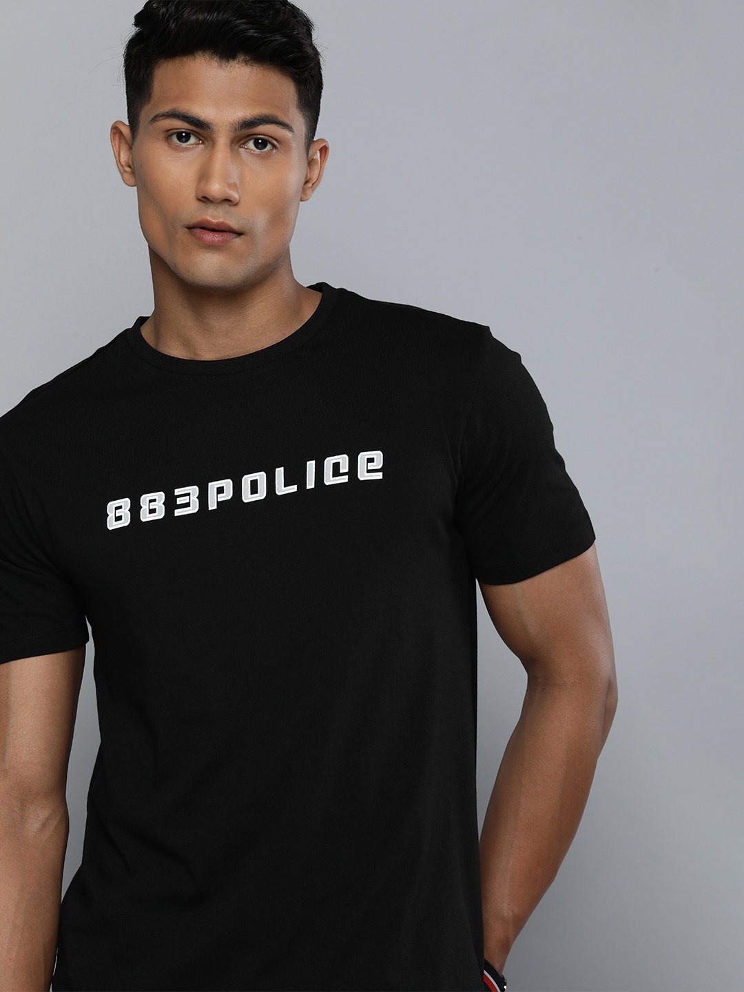 

883 Police Men Black Brand Logo Printed Pure Cotton T-shirt
