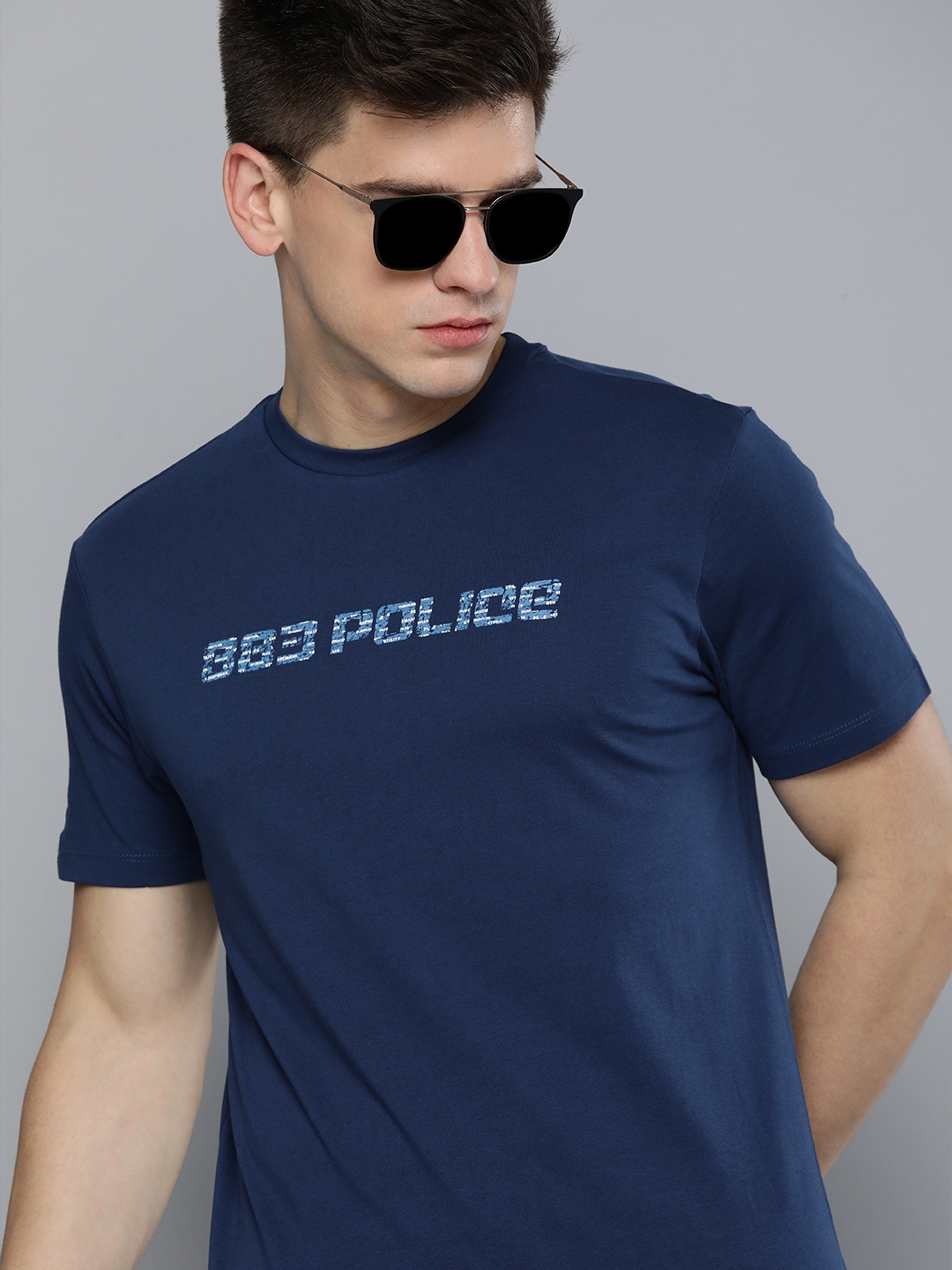 

883 Police Men Navy Blue Brand Logo Printed Pure Cotton T-shirt