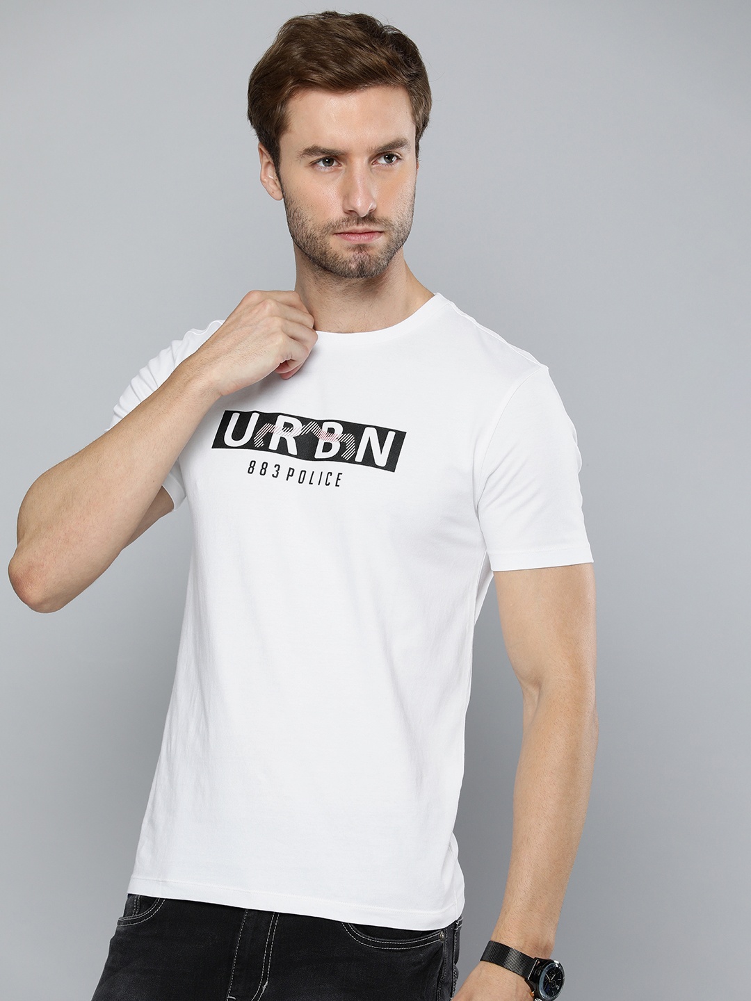 

883 Police Men White & Black Brand Logo Printed Monochrome Cotton T-shirt