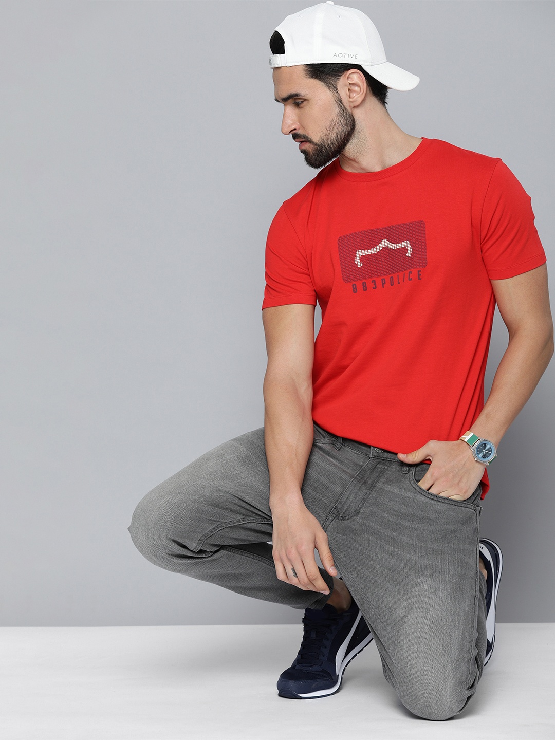 

883 Police Men Red & Black Brand Logo Printed Cotton T-shirt