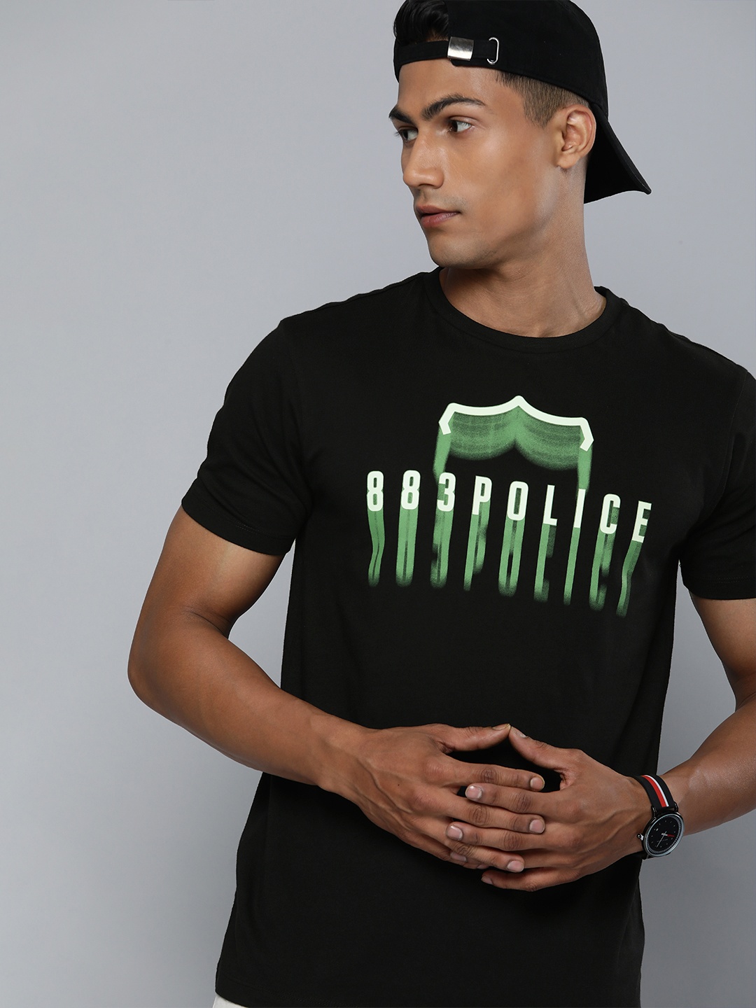 

883 Police Men Black & Green Brand Logo Printed Pure Cotton T-shirt