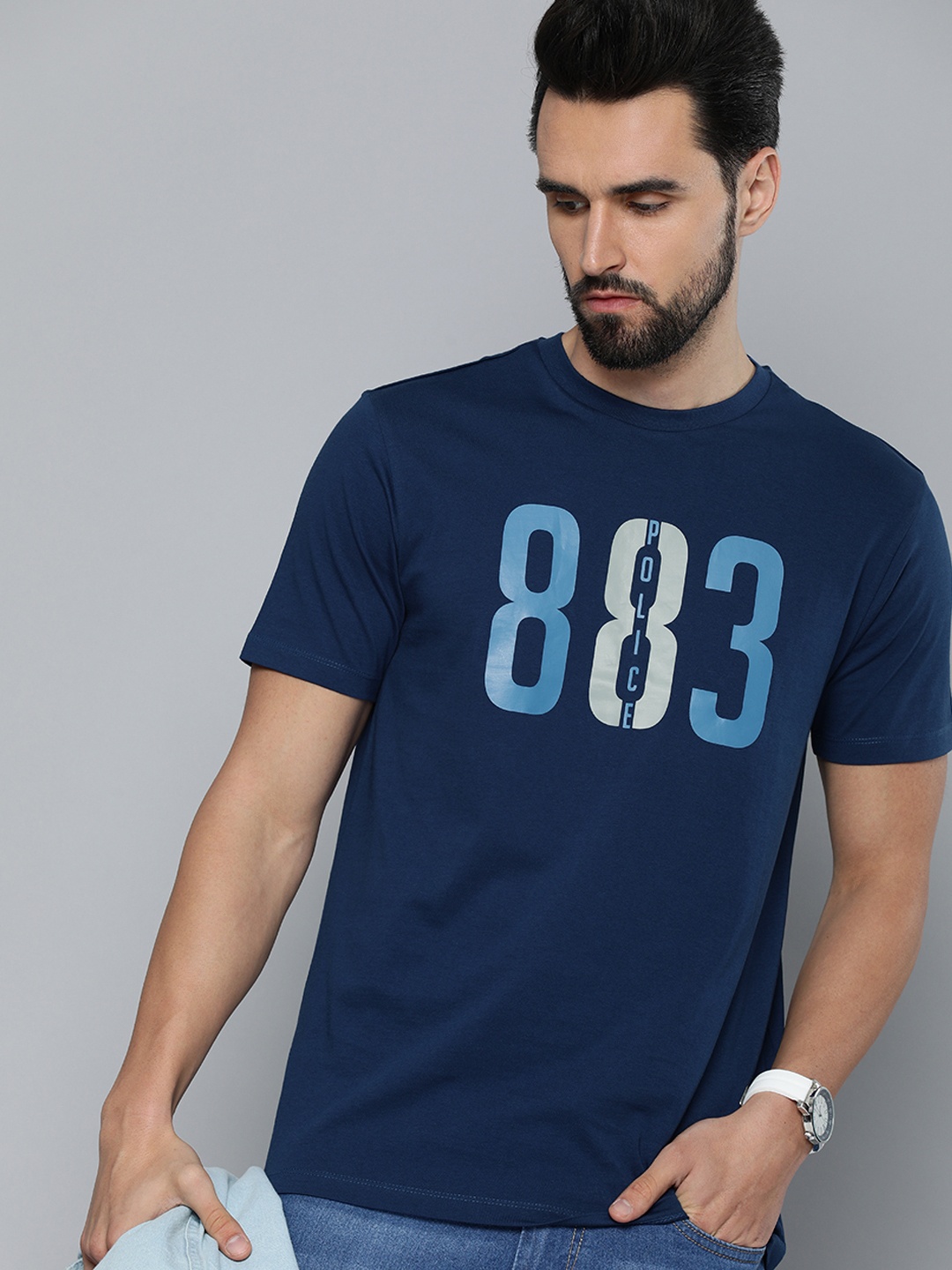 

883 Police Men Navy Blue & Grey Brand Logo Printed Cotton T-shirt