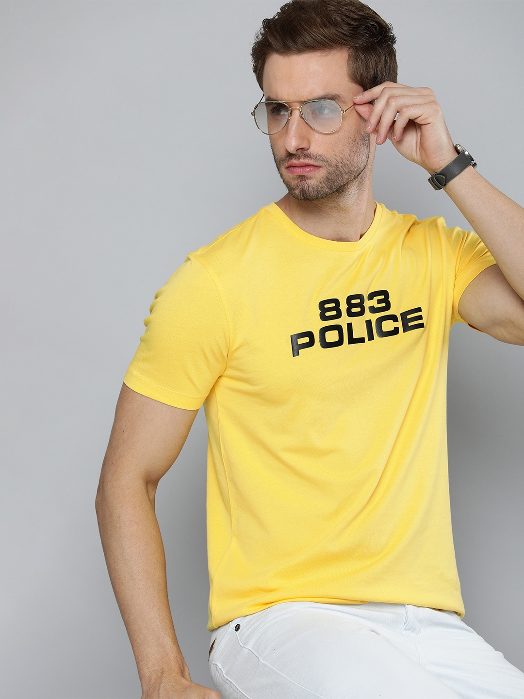 

883 Police Men Yellow & Black Brand Logo Print Cotton T-shirt