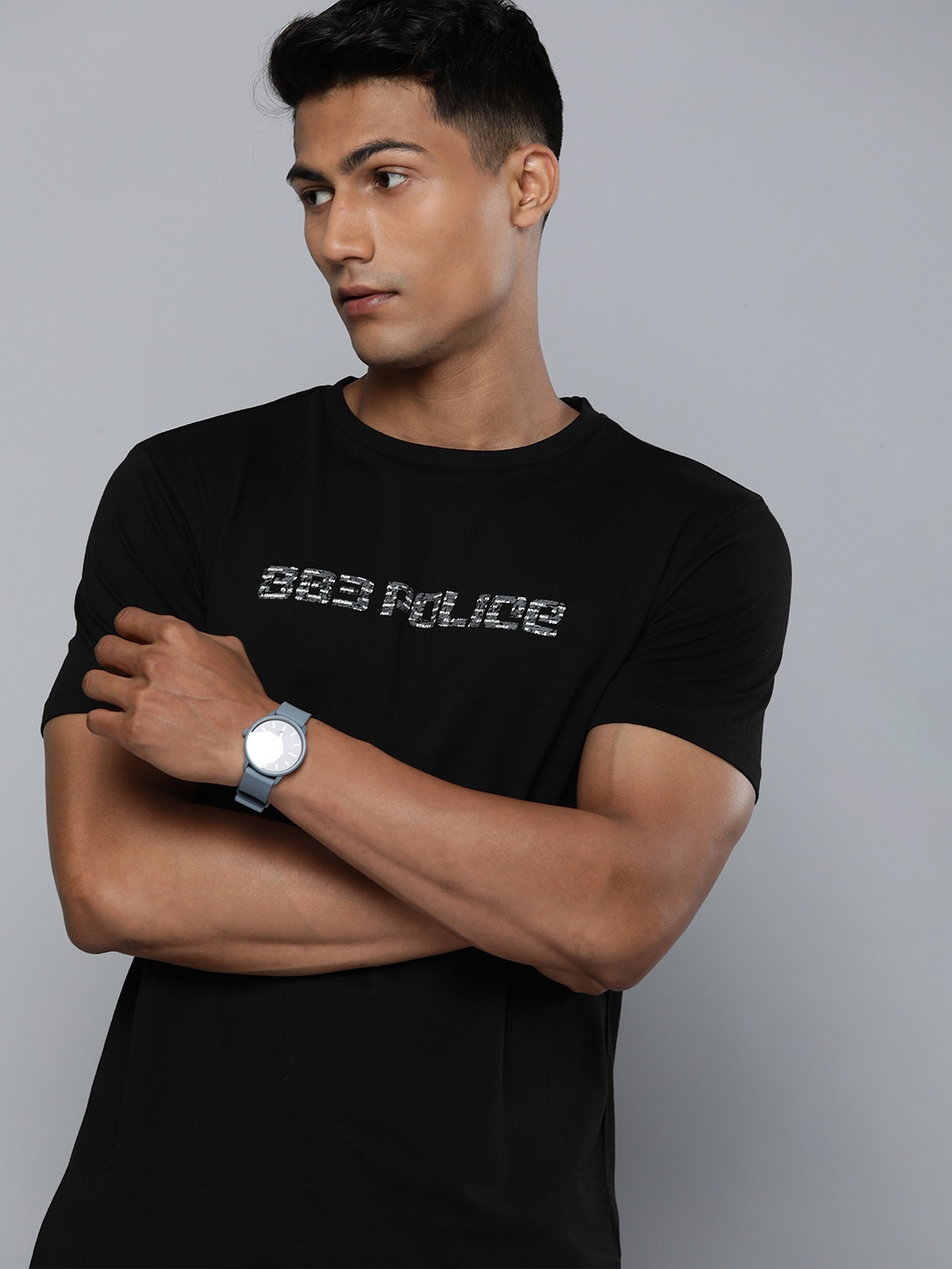 

883 Police Men Black Brand Logo Printed Pure Cotton T-shirt