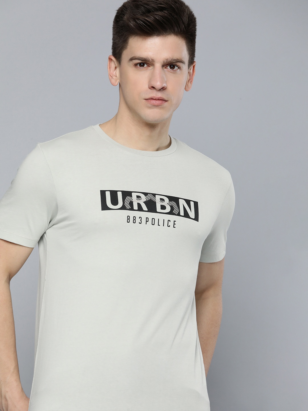 

883 Police Men Grey Melange Printed Pure Cotton T-shirt