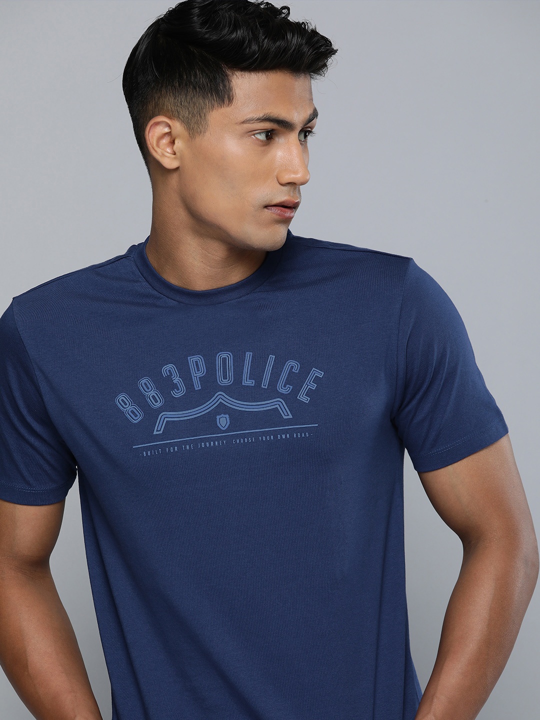 

883 Police Men Navy Blue Brand Logo Printed Pure Cotton T-shirt