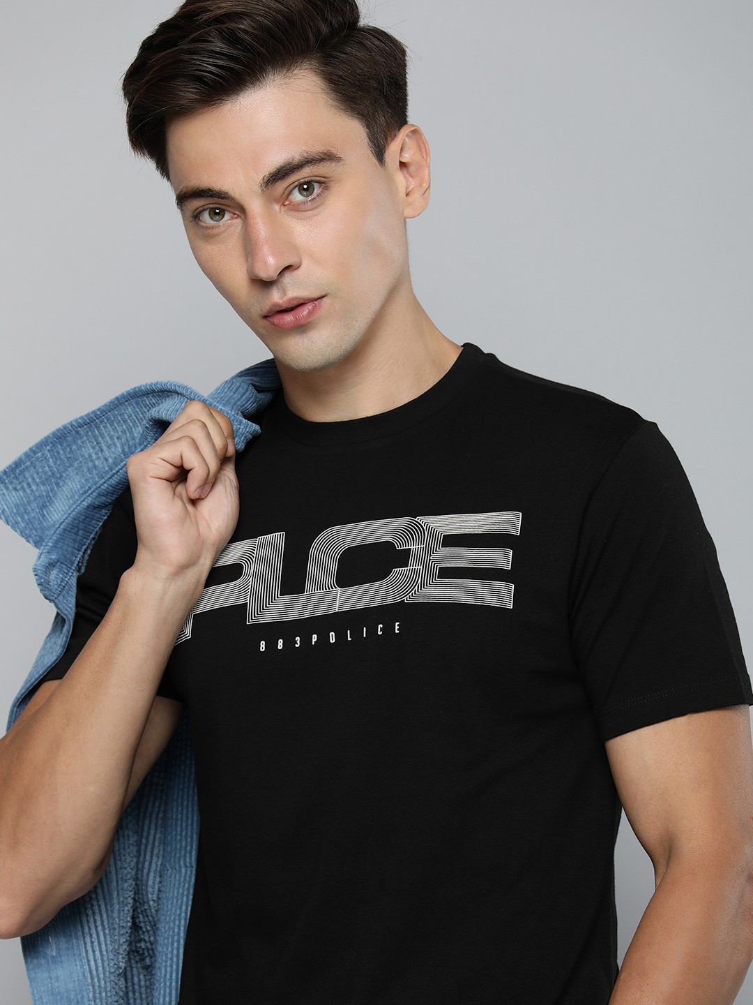 

883 Police Men Black & White Brand Logo Printed Pure Cotton T-shirt