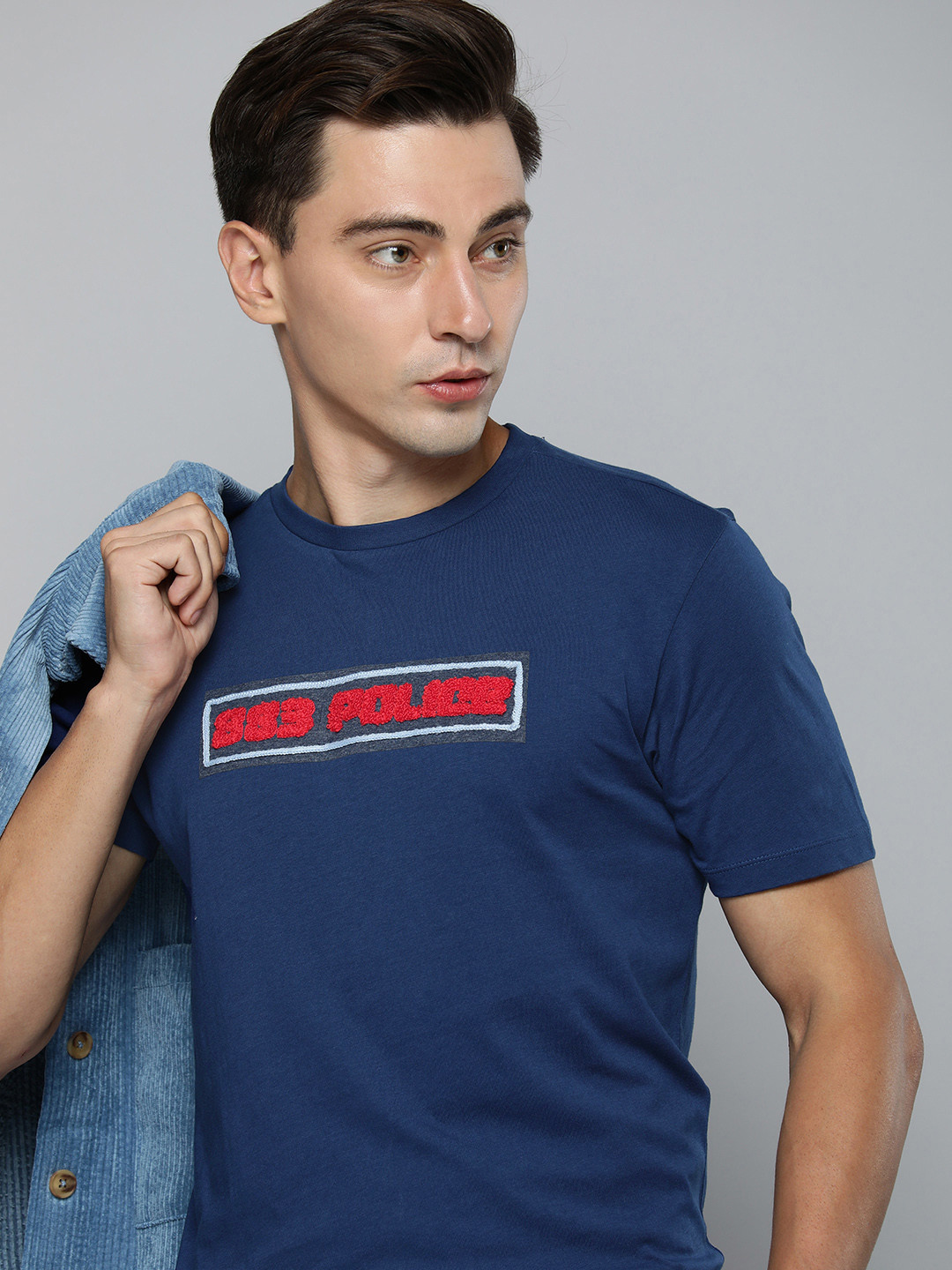 

883 Police Men Navy Blue & Red Brand Logo Printed Cotton T-shirt