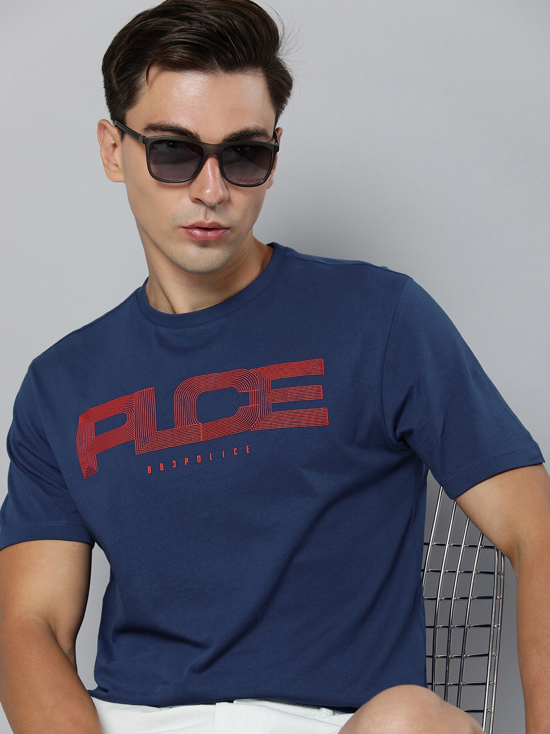 

883 Police Men Navy Blue & Red Brand Logo Printed Pure Cotton T-shirt