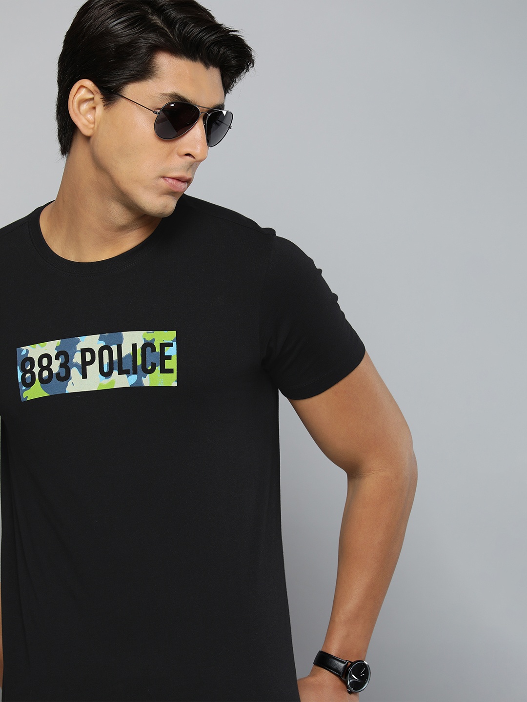 

883 Police Men Black Brand Logo Printed Pure Cotton T-shirt