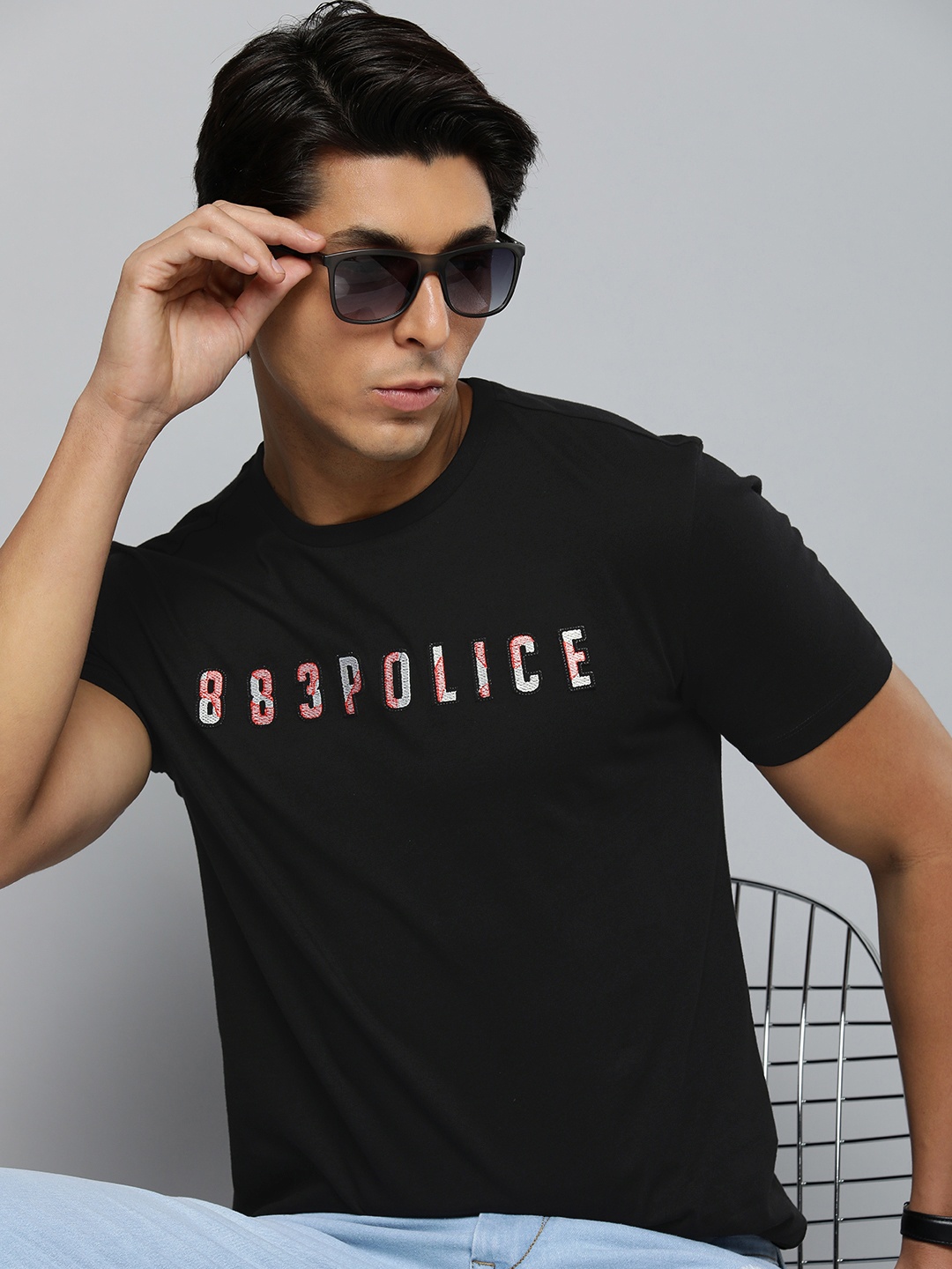 

883 Police Men Black Brand Logo Printed Cotton T-shirt