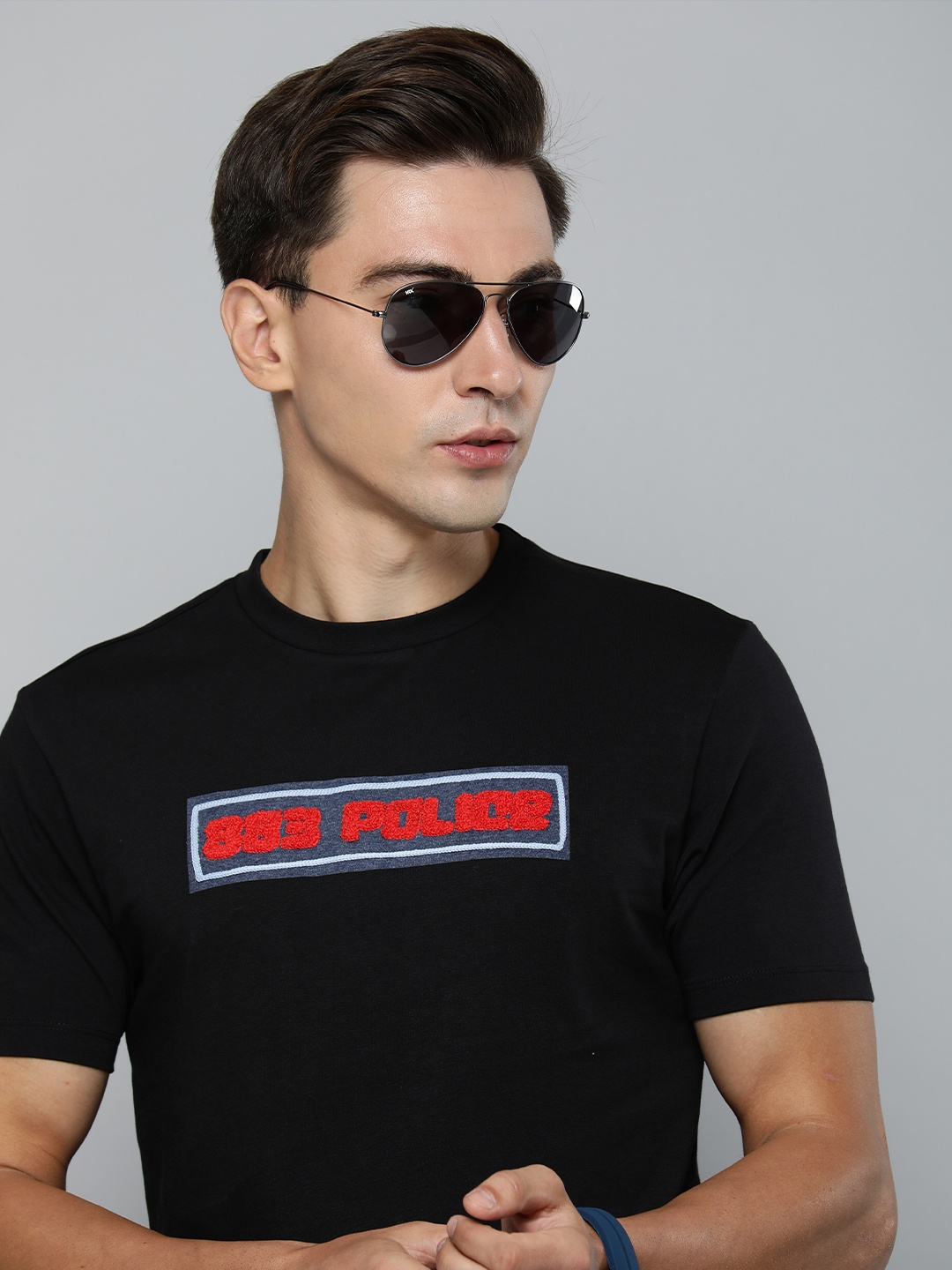 

883 Police Men Black Brand Logo Applique Pure Cotton T-shirt