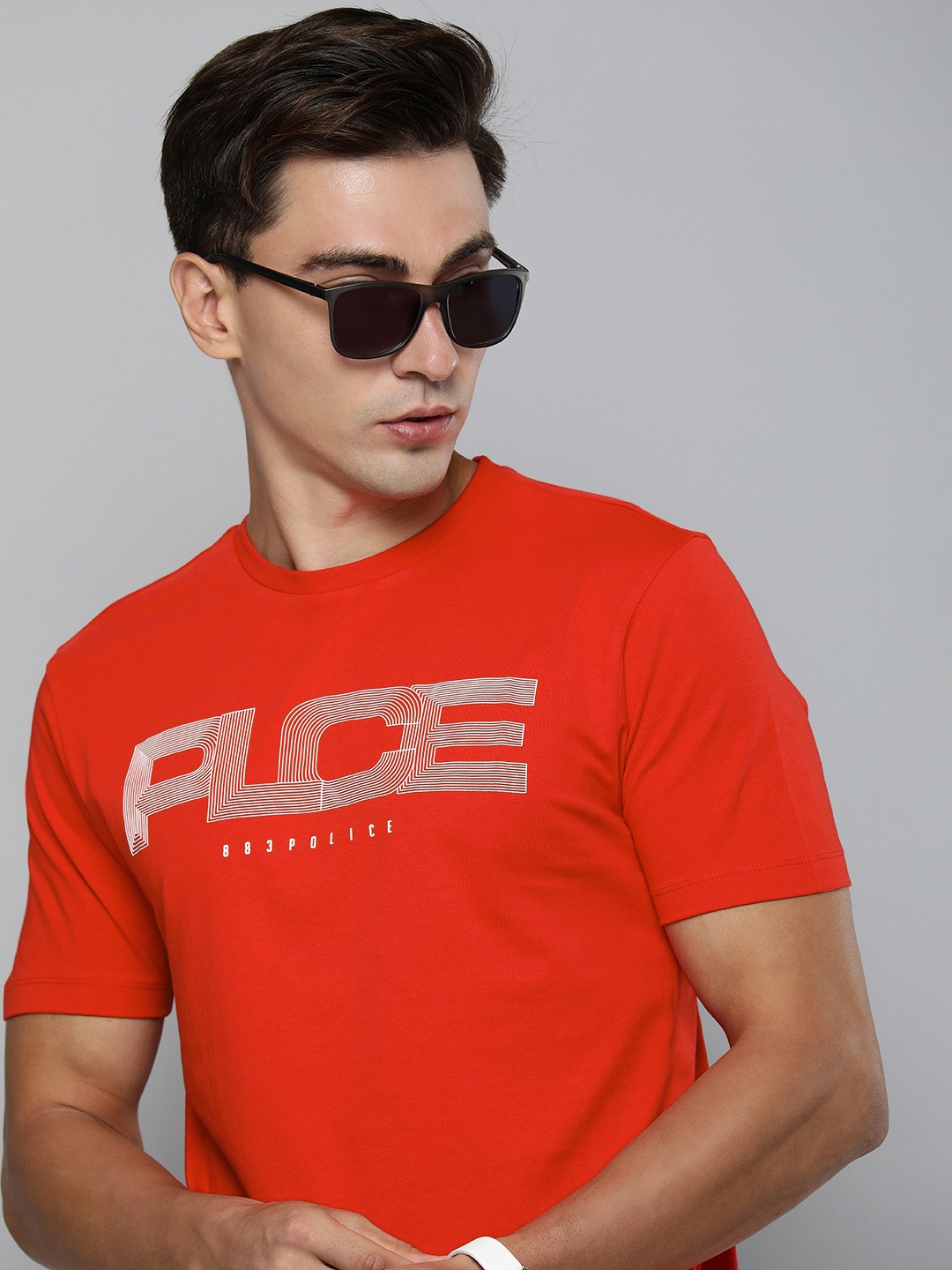 

883 Police Men Red & White Brand Logo Printed Pure Cotton T-shirt