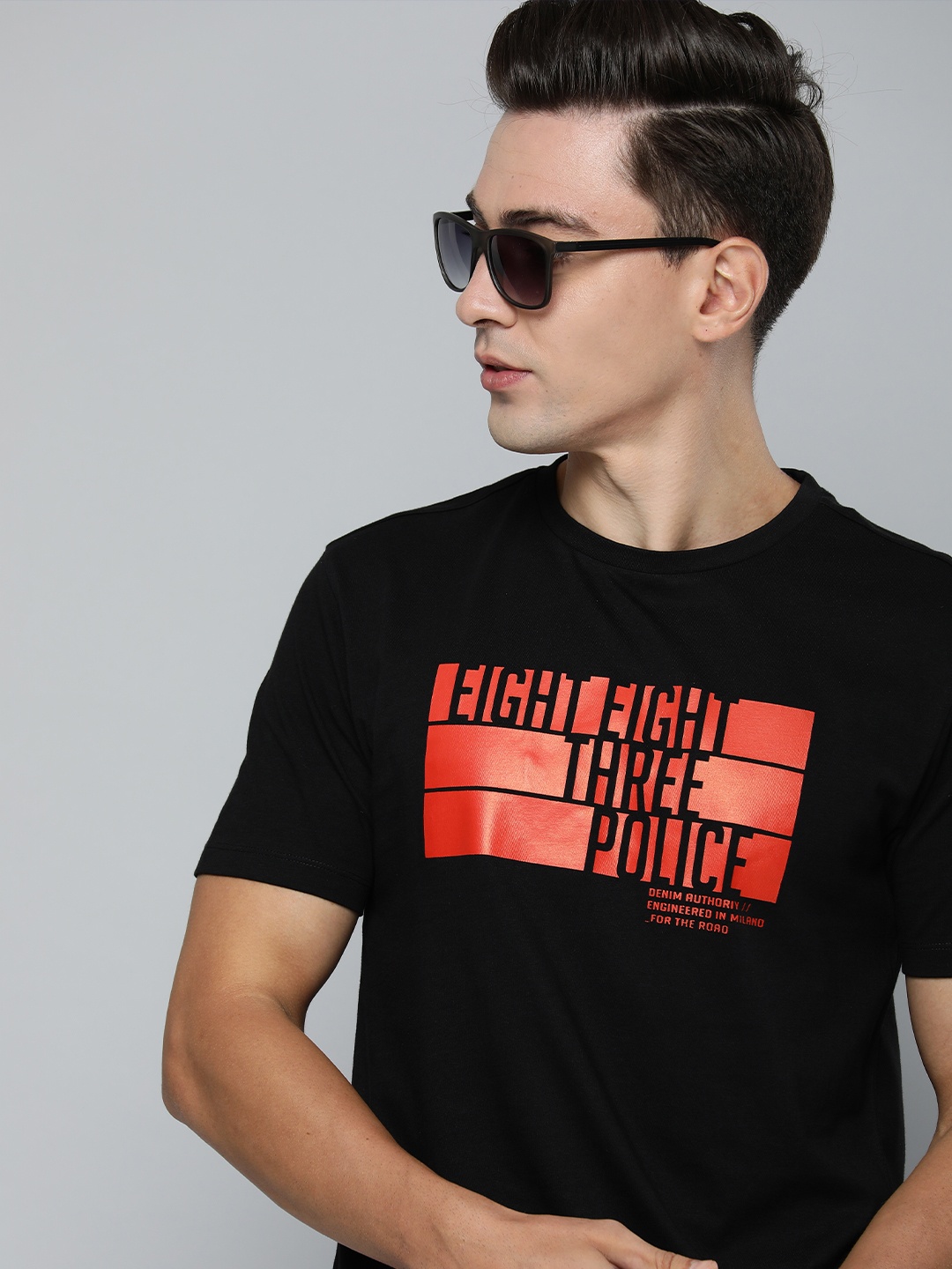 

883 Police Men Black & Red Brand Logo Printed Pure Cotton T-shirt