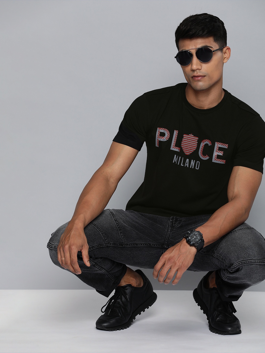 

883 Police Men Black & Grey Typography Printed Pure Cotton T-shirt