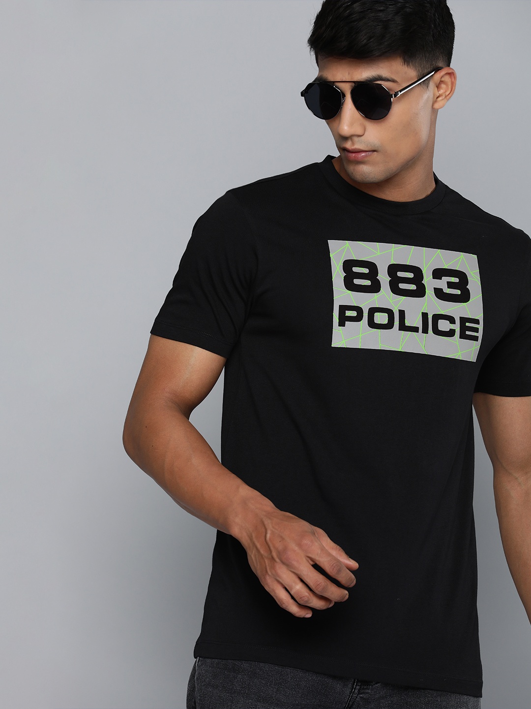 

883 Police Men Black & Grey Brand Logo Printed Pure Cotton T-shirt