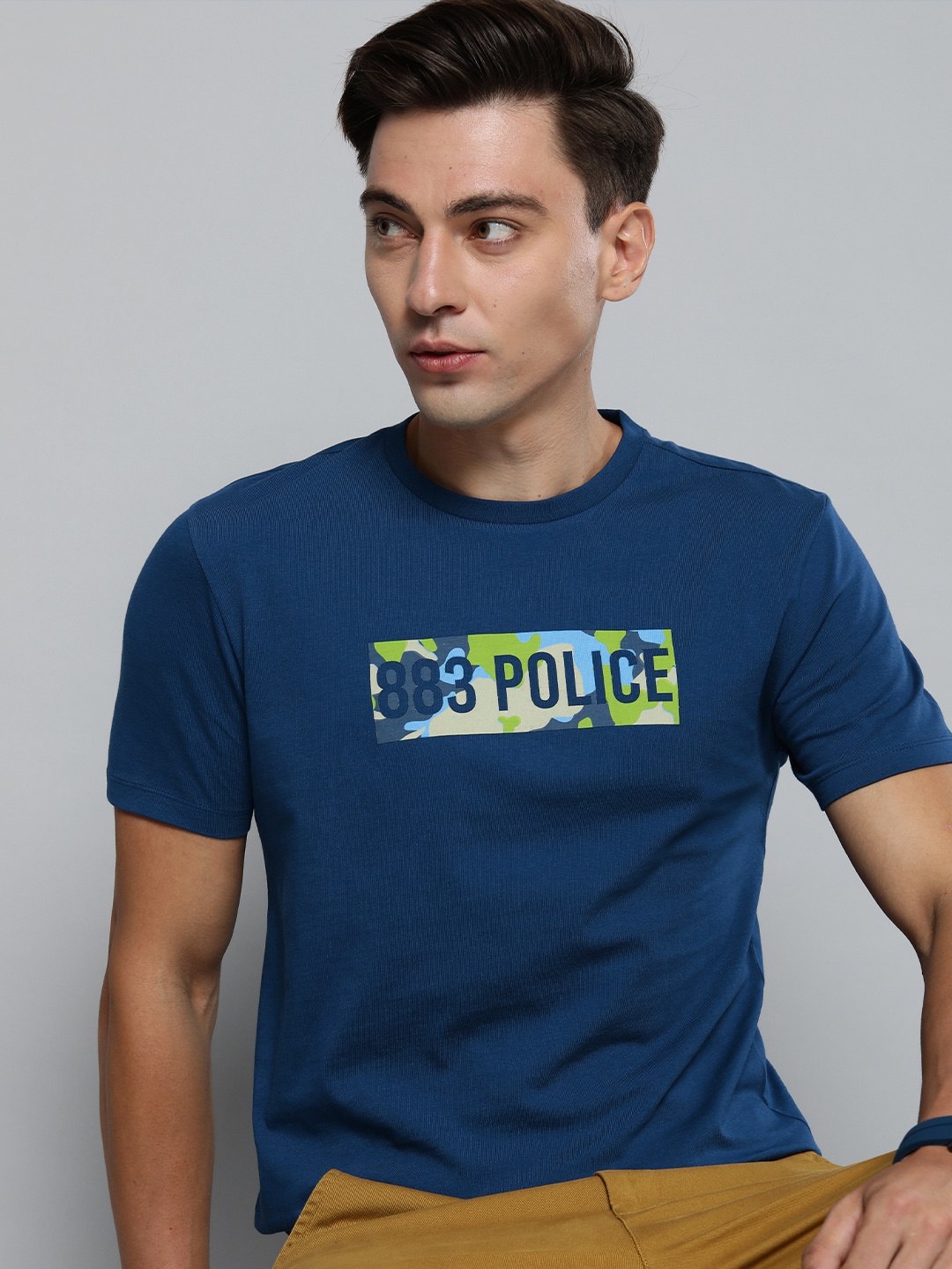 

883 Police Men Navy Blue Brand Logo Printed Cotton T-shirt