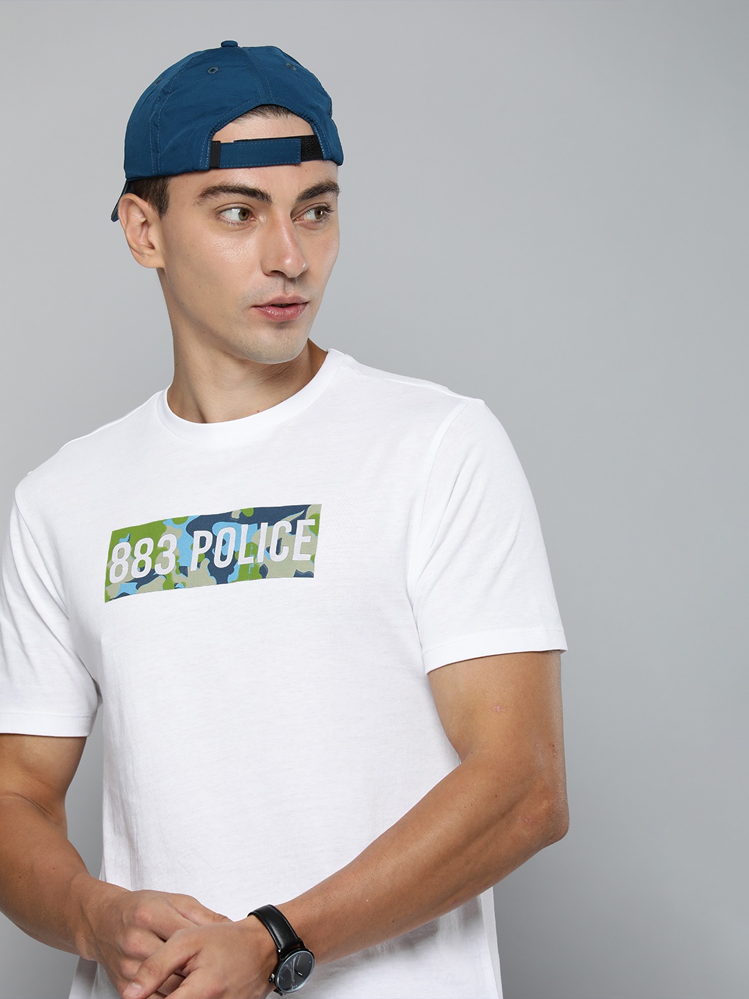 

883 Police Men White Brand Logo Printed Pure Cotton T-shirt