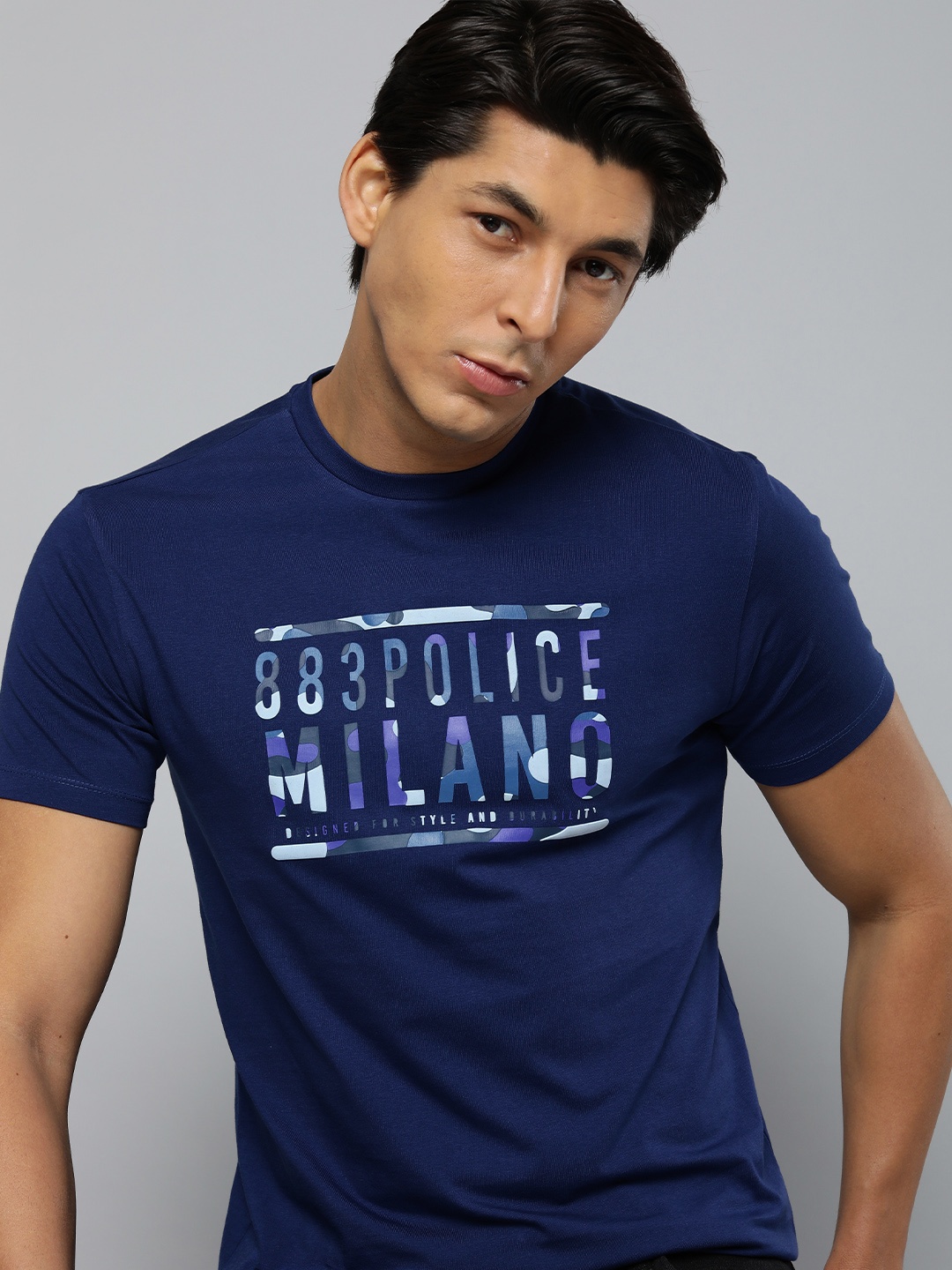 

883 Police Men Navy Blue Brand Logo Printed Cotton T-shirt