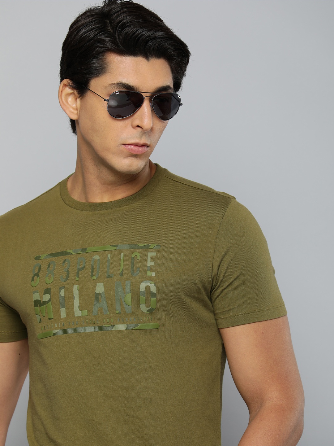 

883 Police Men Olive Green Brand Logo Printed Pure Cotton T-shirt
