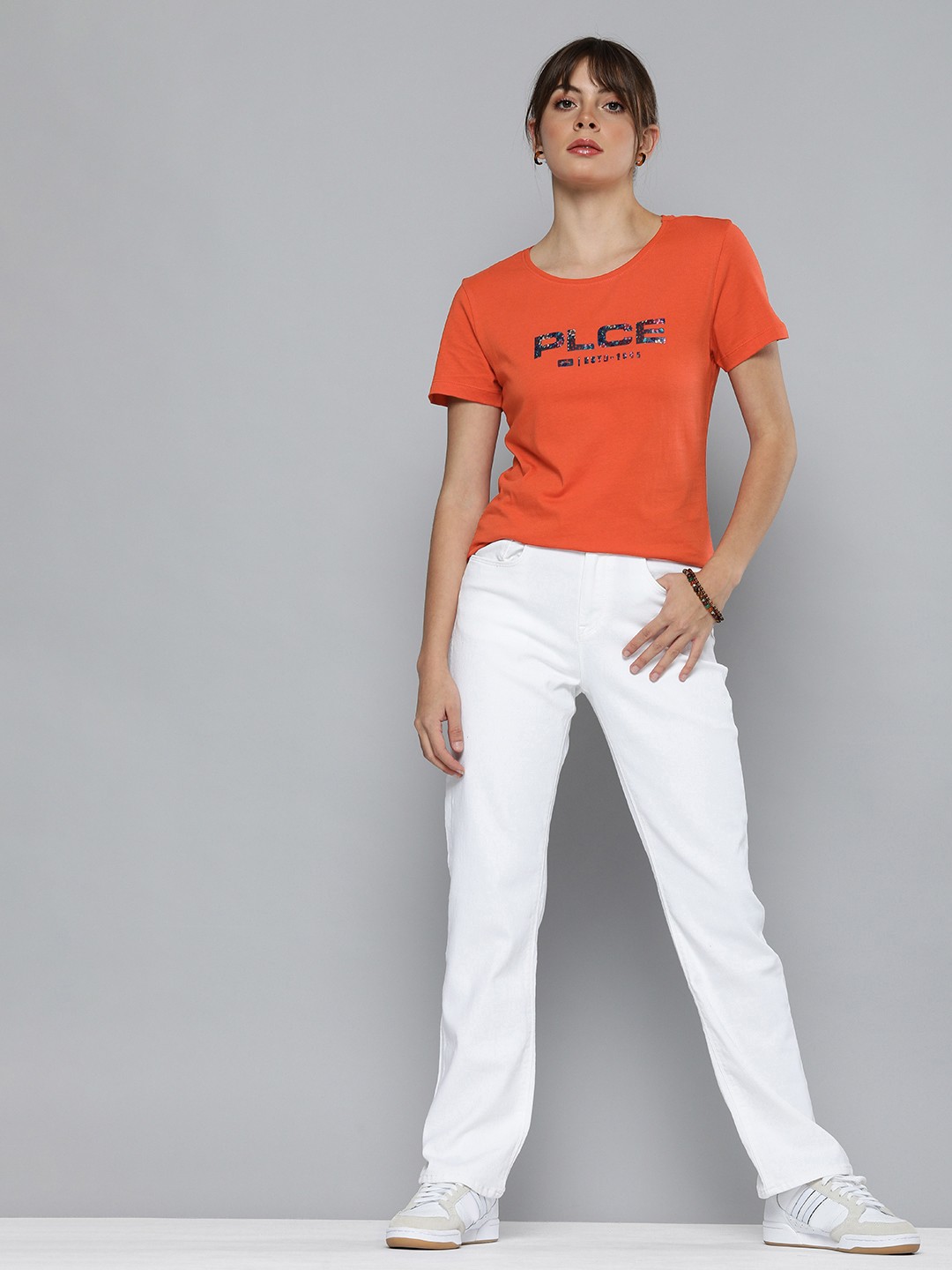 

883 Police Women Orange & Blue Graphic Printed T-shirt