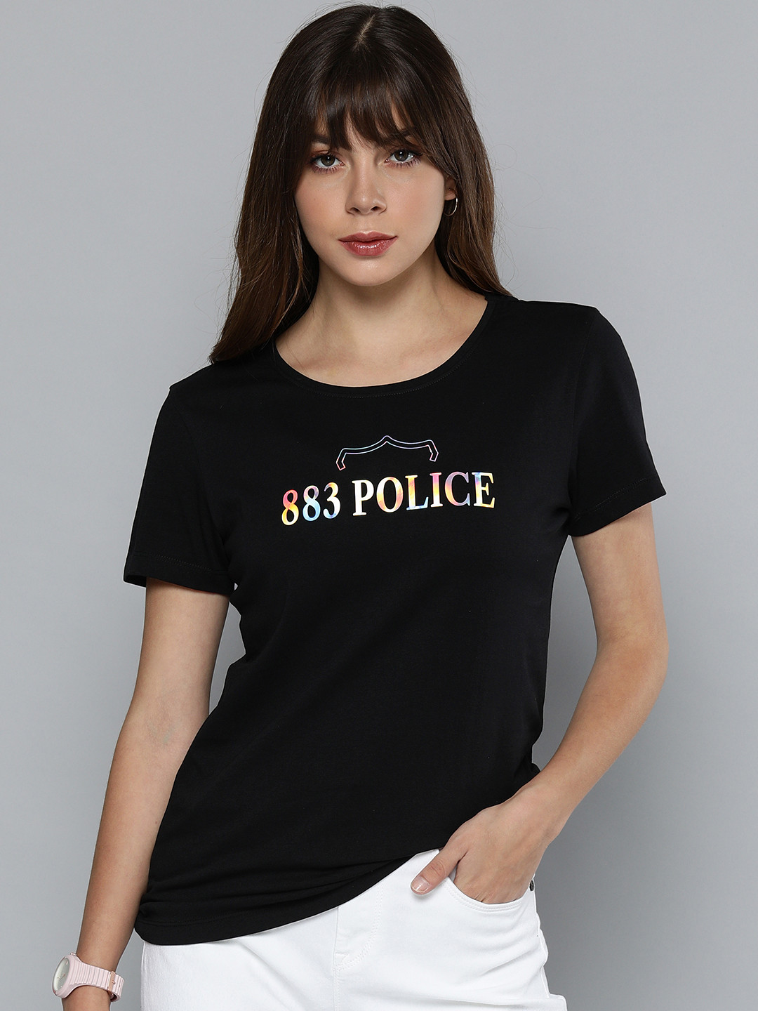 

883 Police Women Black Brand Logo Printed T-shirt