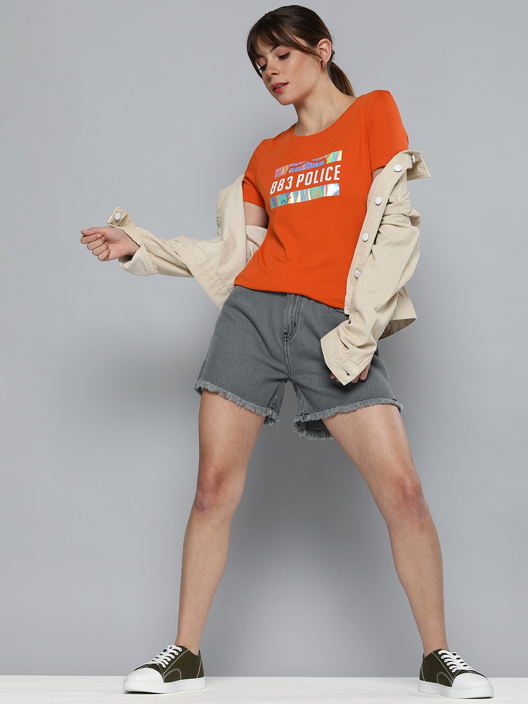 

883 Police Women Orange & White Brand Logo Printed T-shirt