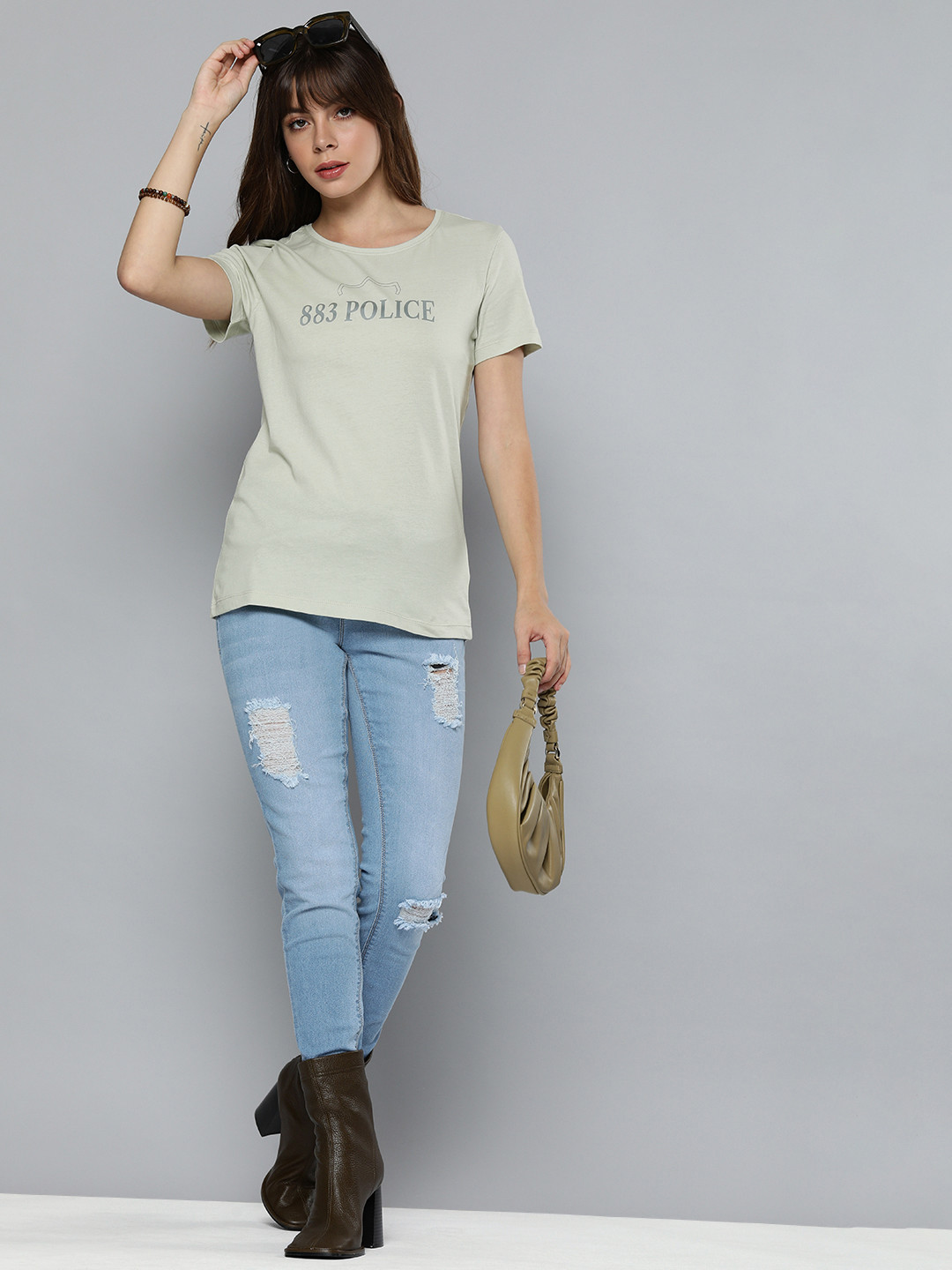 

883 Police Women Grey Brand Logo Printed T-shirt