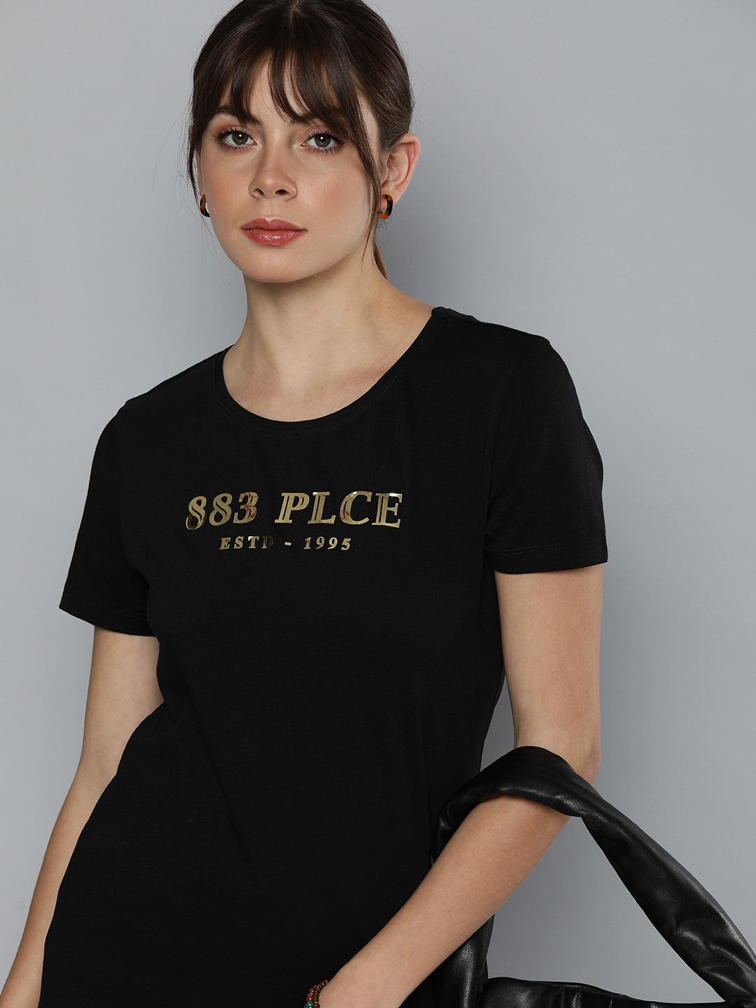 

883 Police Women Black & Gold-Toned Brand Logo Printed T-shirt