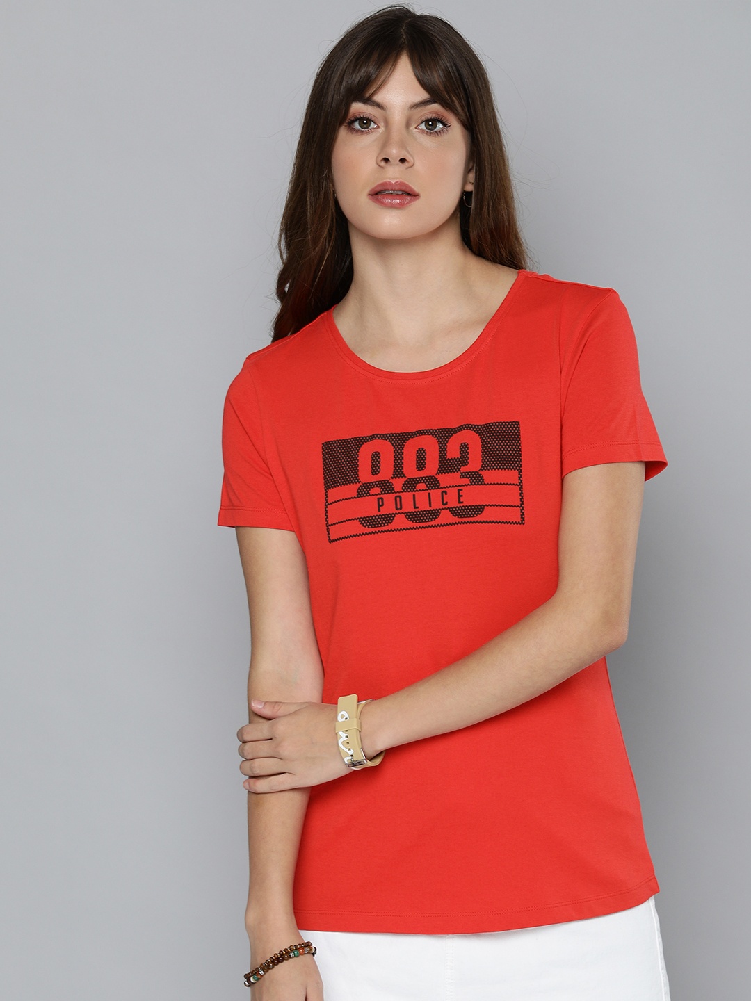 

883 Police Women Red & Black Brand Logo Printed T-shirt