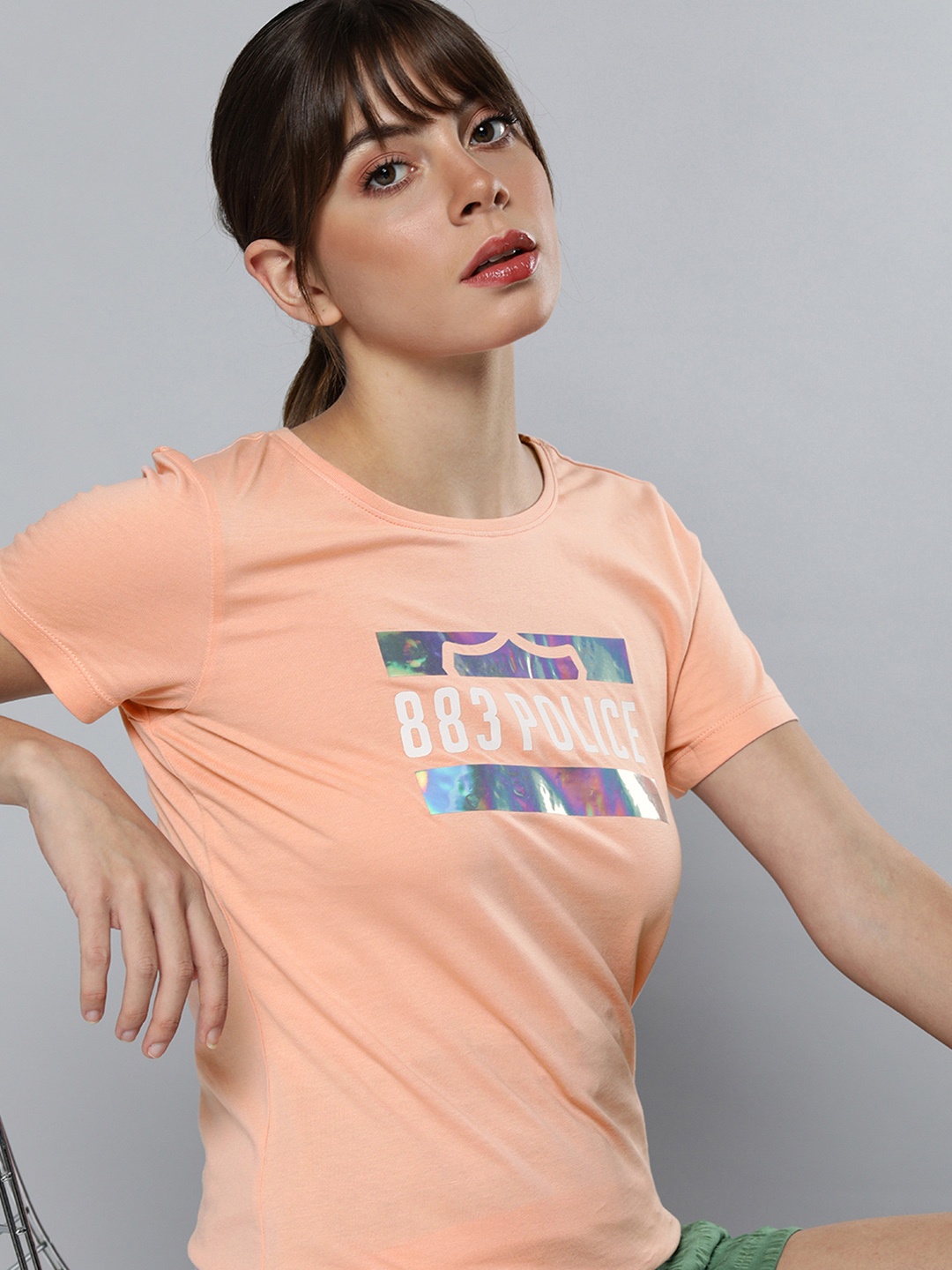 

883 Police Women Peach-Coloured & White Brand Logo Printed T-shirt